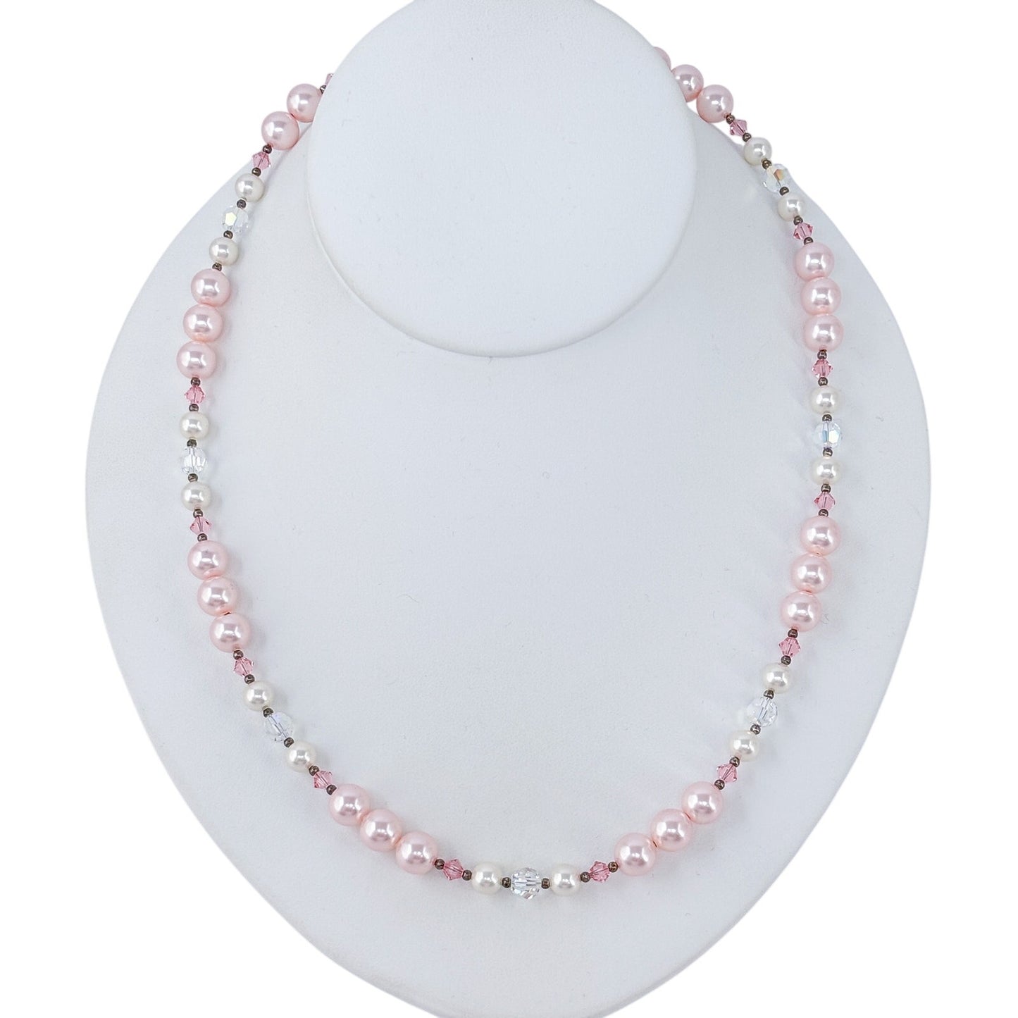 Vintage Sterling Silver 925 Pink Pearl & Crystal Beaded Necklace 20"