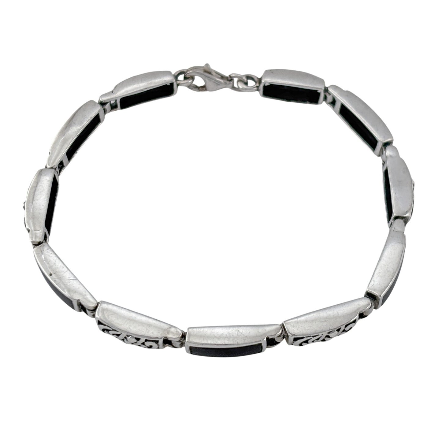 Vintage Sterling Silver 925 Black Onyx Inlay Link Bracelet 7"
