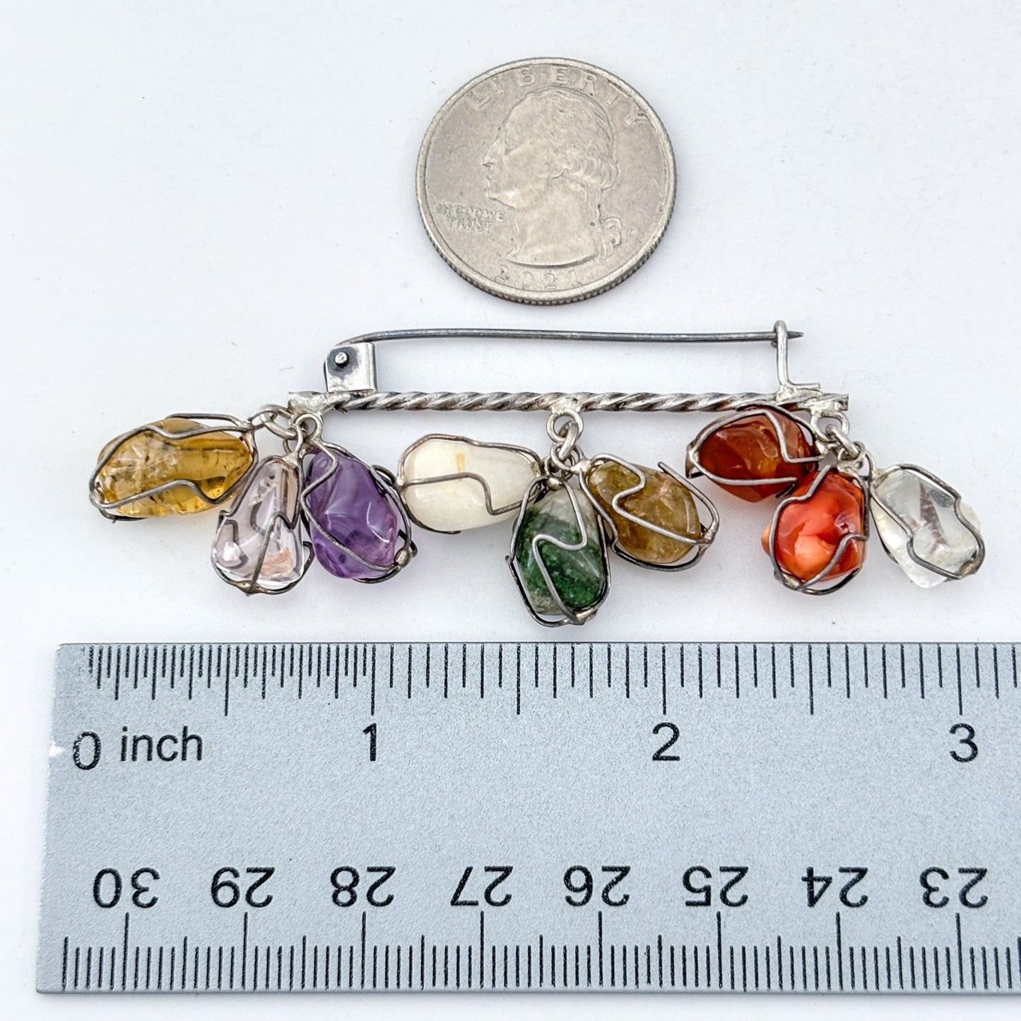 Vintage Sterling Silver 925 Multi Gemstone Bar Brooch