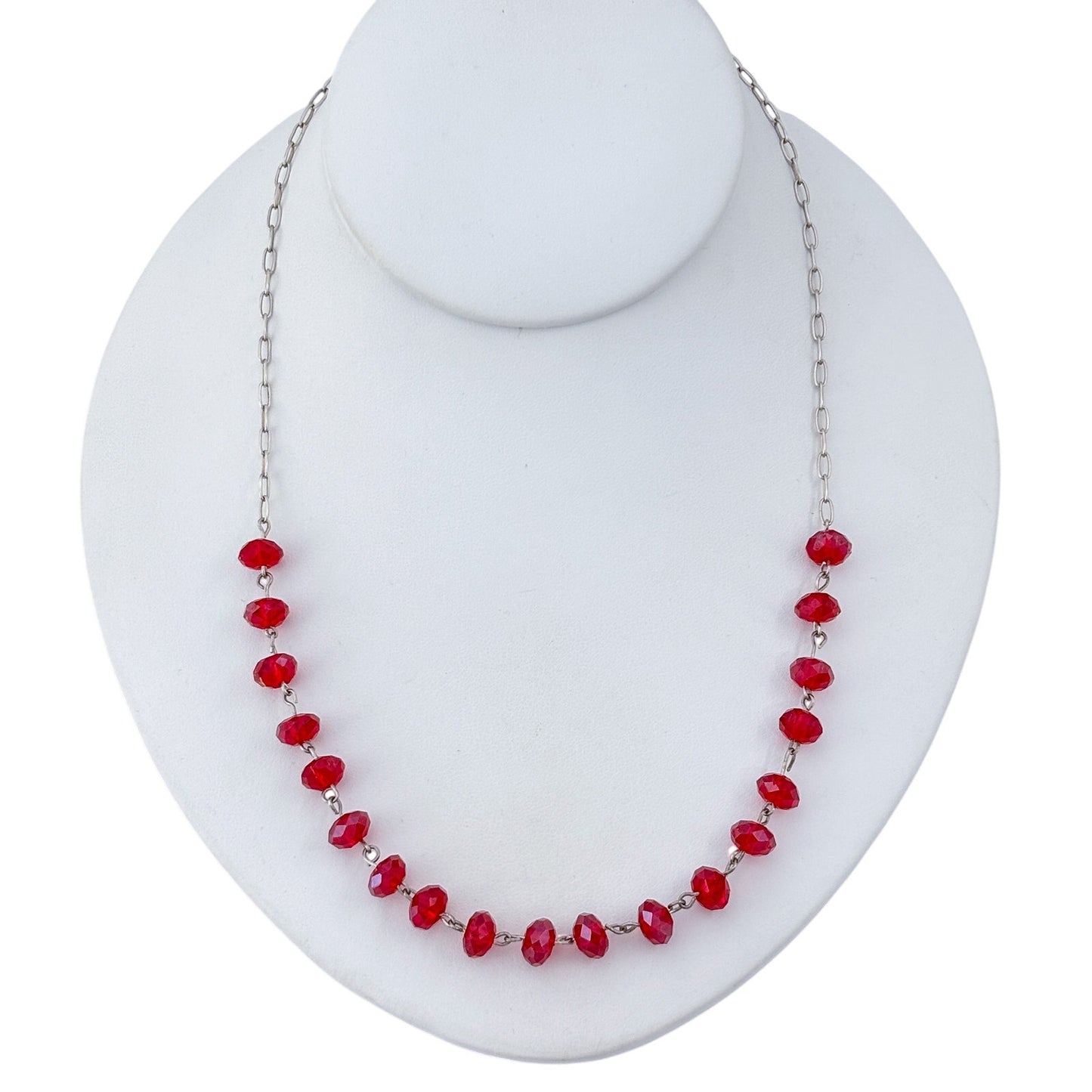 Vintage Sterling Silver 925 Red Glass Bead Necklace 19"