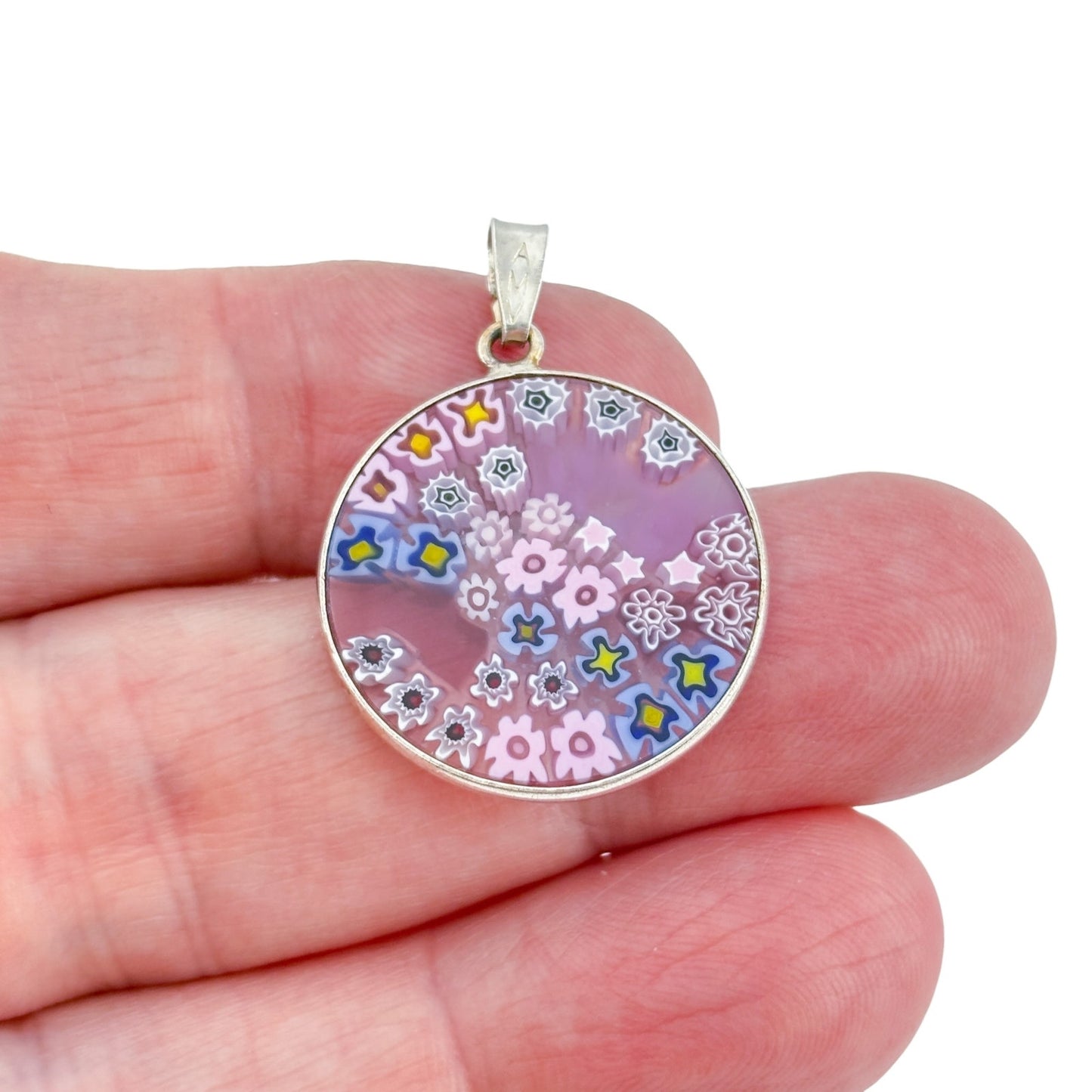 Vintage Sterling Silver 925 Pink Millefiori Glass Pendant