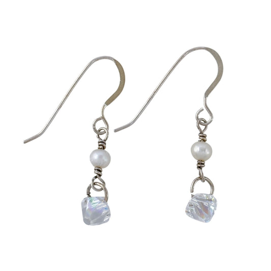 Estate Sterling Silver 925 Pearl Crystal Dangle Earrings