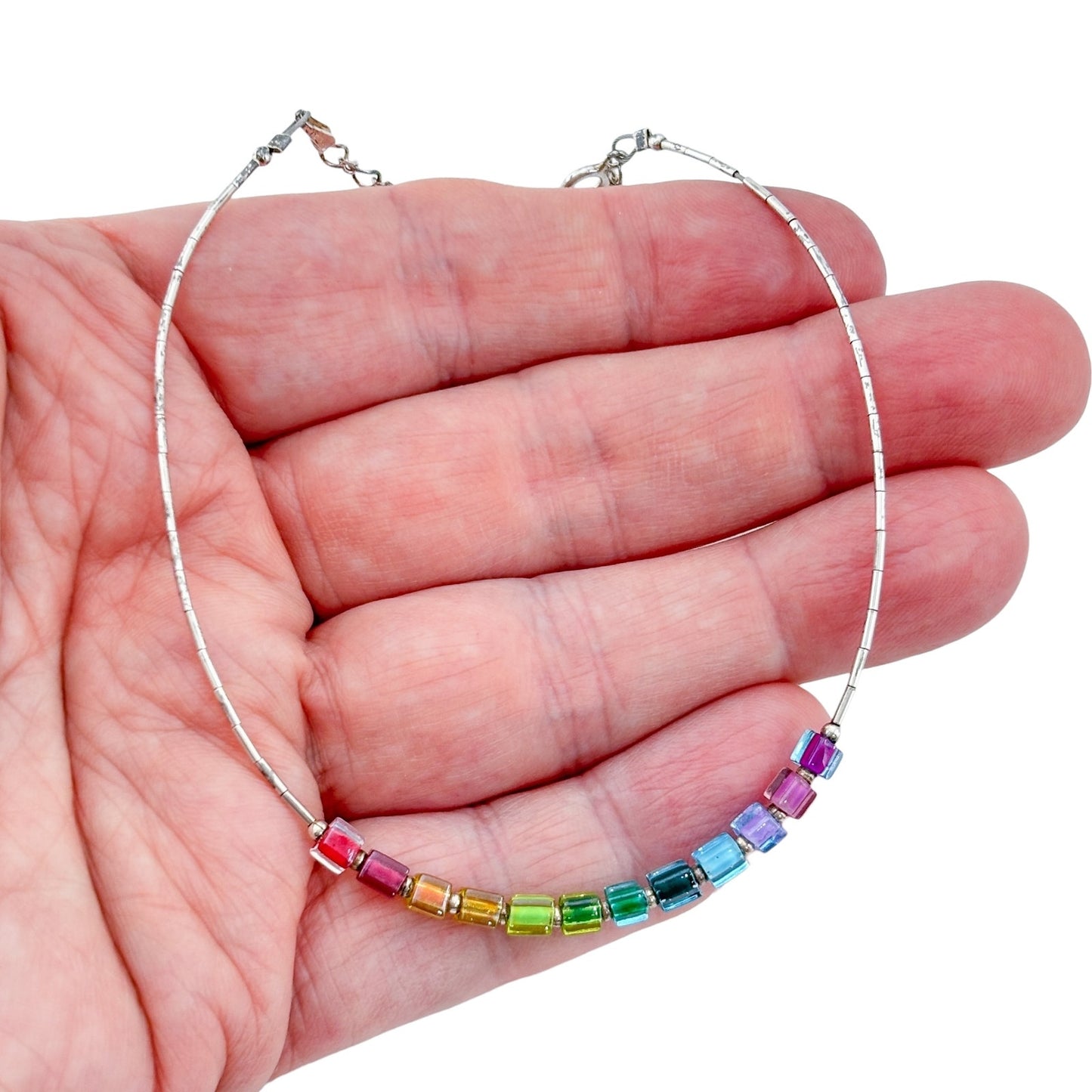 Vintage Sterling Silver 925 Rainbow Glass Anklet 9"-10.5"