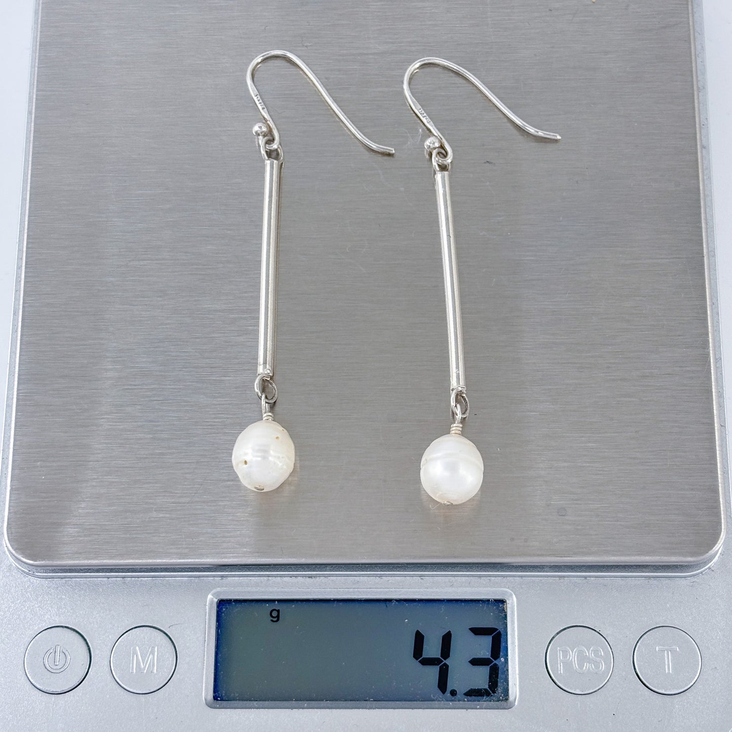 Estate Sterling Silver 925 Pearl Bar Drop Earrings