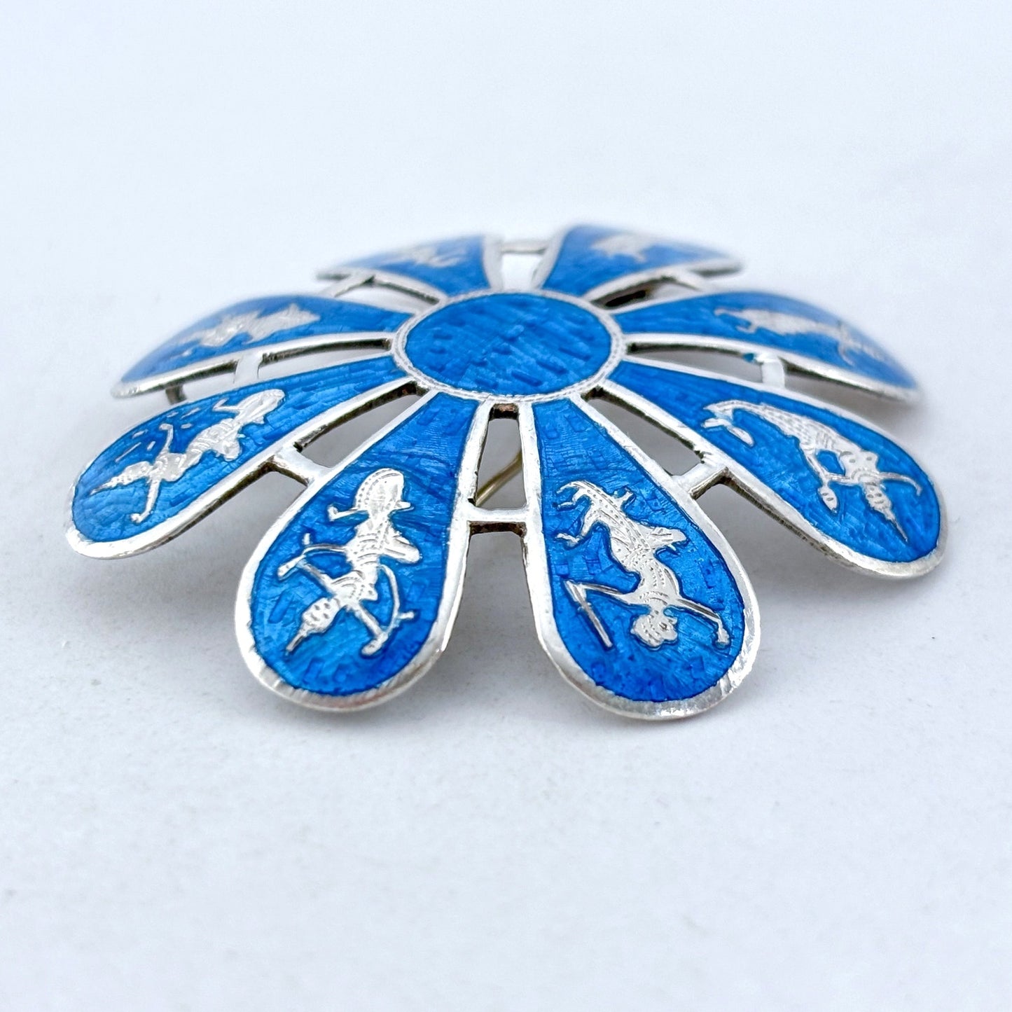 Vintage Sterling Silver 925 Siam Blue Enamel Flower Brooch