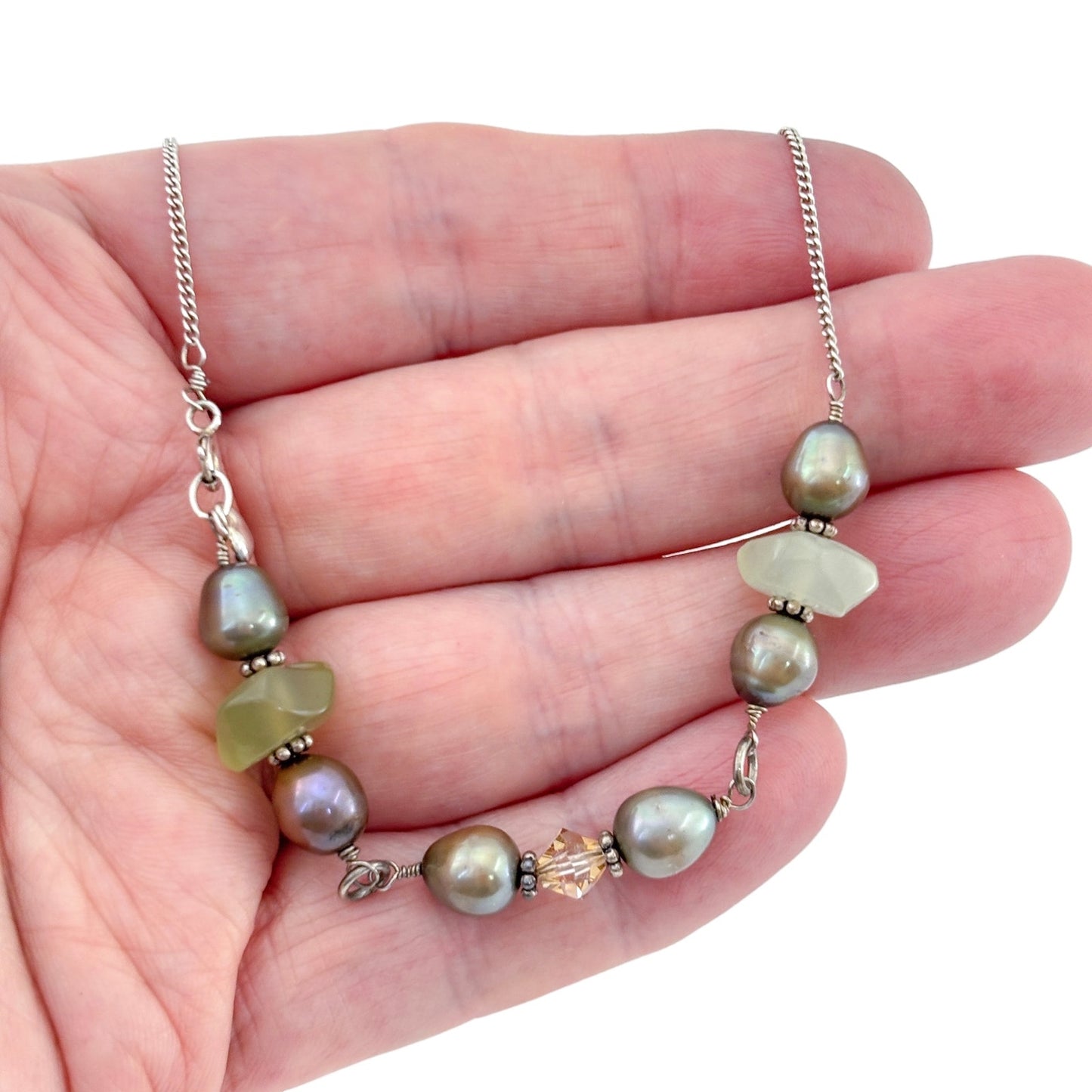 Vintage Sterling Silver Pearl Green Sea Glass Stone Long Necklace 21"