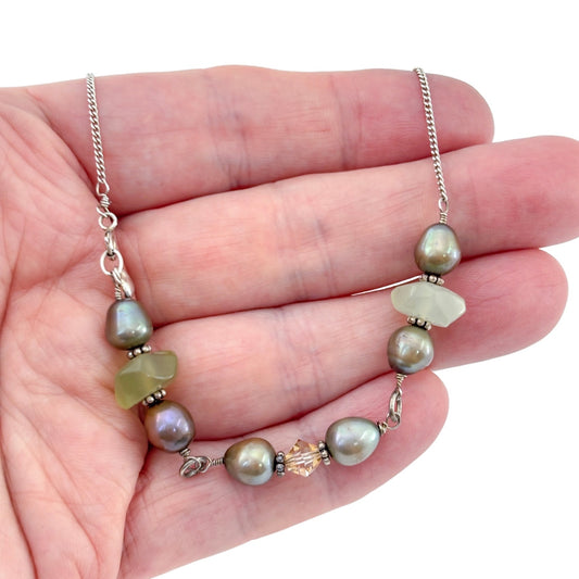 Vintage Sterling Silver Pearl Green Sea Glass Stone Long Necklace 21"
