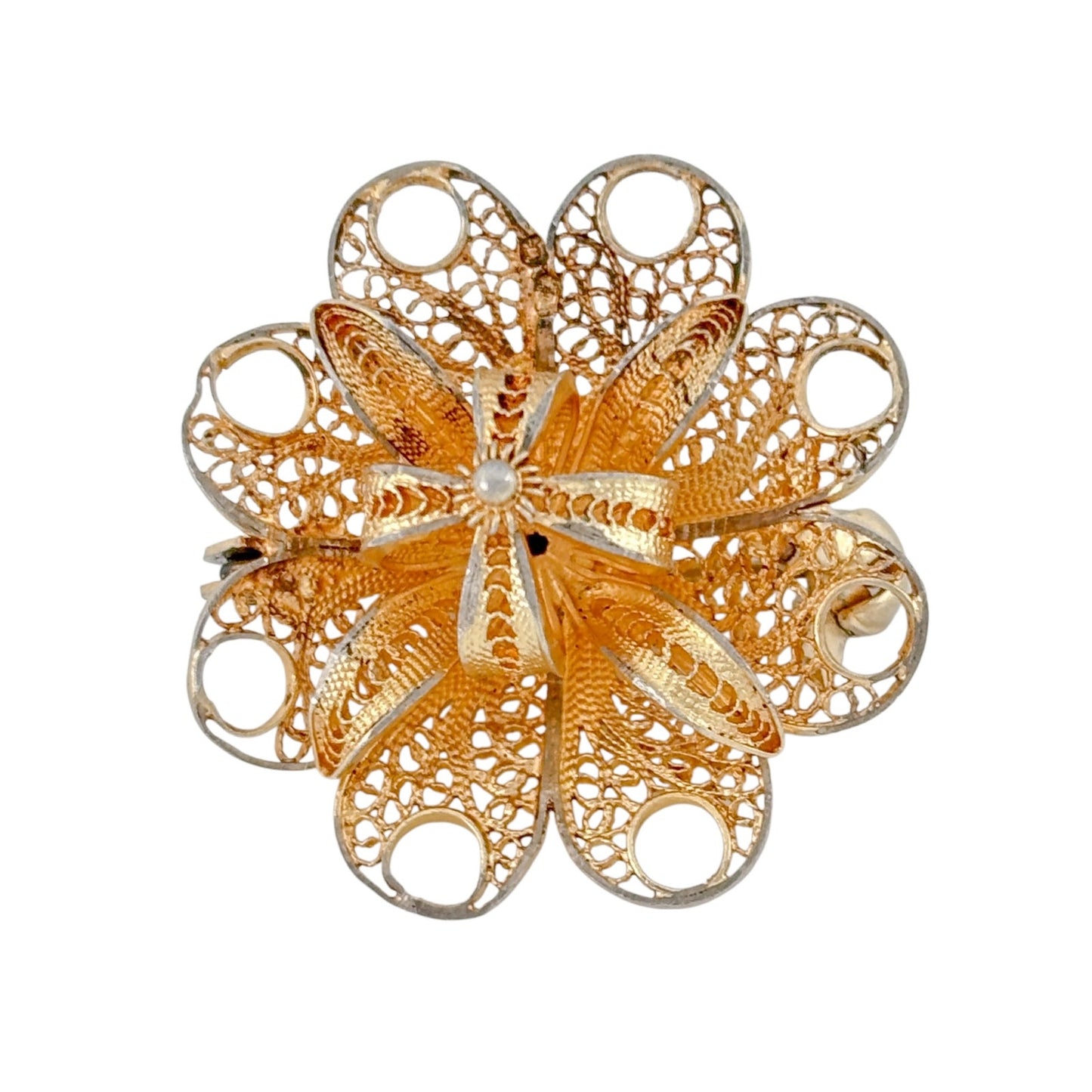 Vintage Gold-Tone Sterling Silver 925 Filigree Flower Brooch