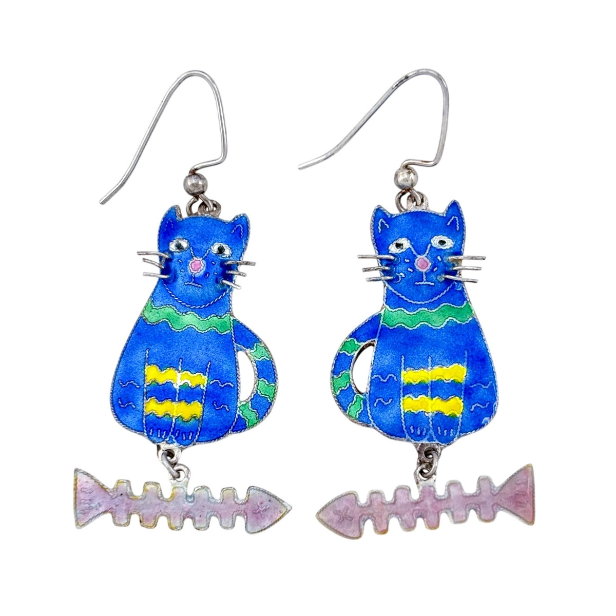 Vintage Sterling Silver 925 Blue Enamel Cat & Fish Dangle Earrings