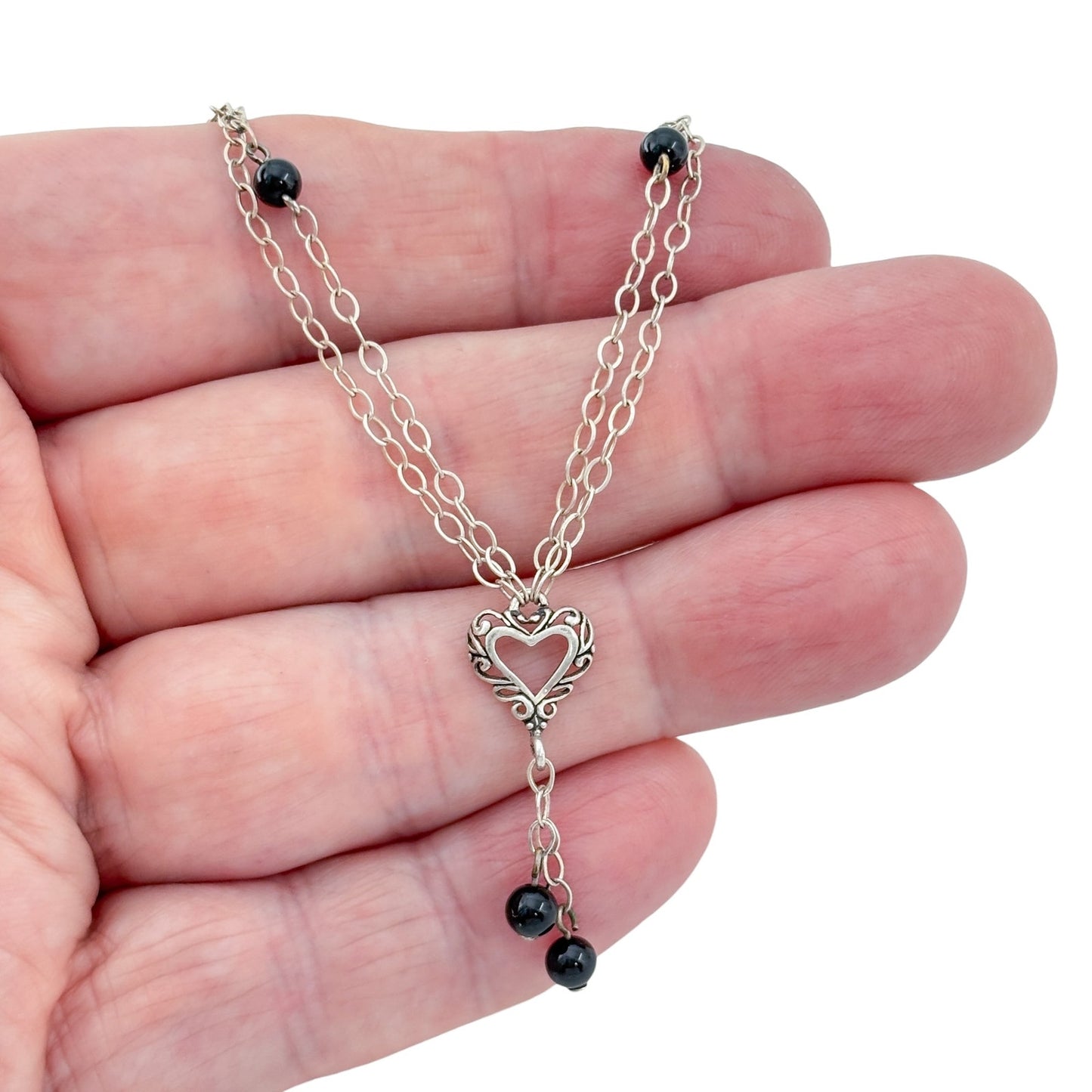 Vintage Sterling Silver 925 Onyx Heart Necklace 19"