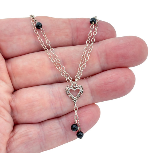 Vintage Sterling Silver 925 Onyx Heart Necklace 19"