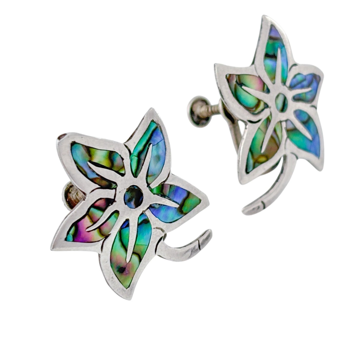 Vintage Mexico Taxco Sterling Silver 925 Abalone Flower Screwback Earrings