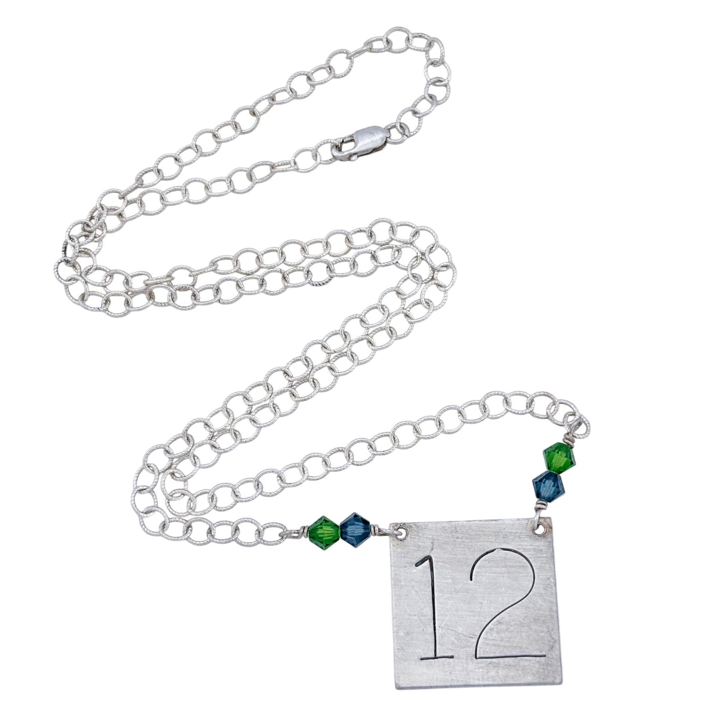 Vintage Sterling Silver 925 Number 12 Blue Green Crystal Necklace 18"