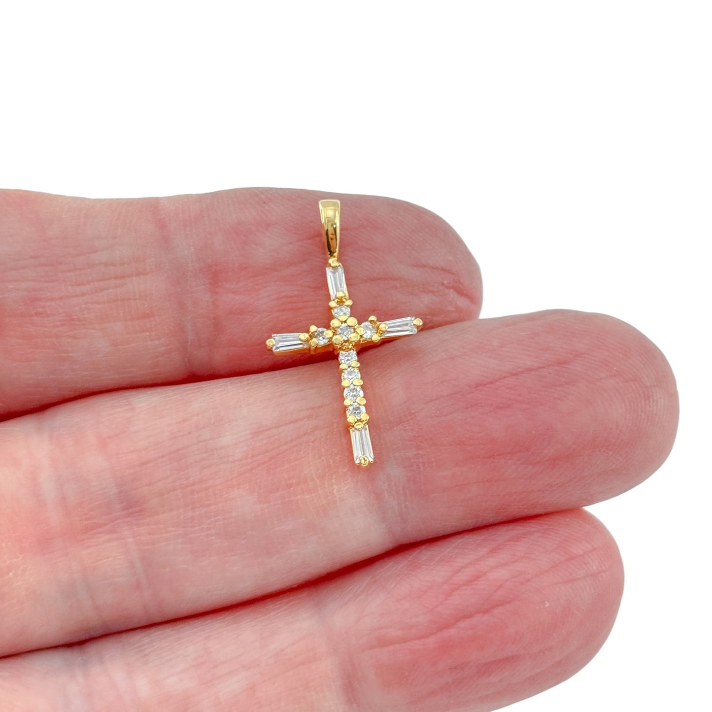 Vintage Gold-Tone Sterling Silver 925 Cubic Zirconia Cross Pendant