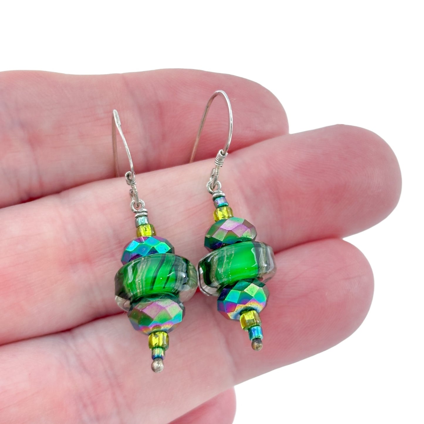 Vintage Sterling Silver 925 Green Rainbow Glass Bead Dangle Earrings