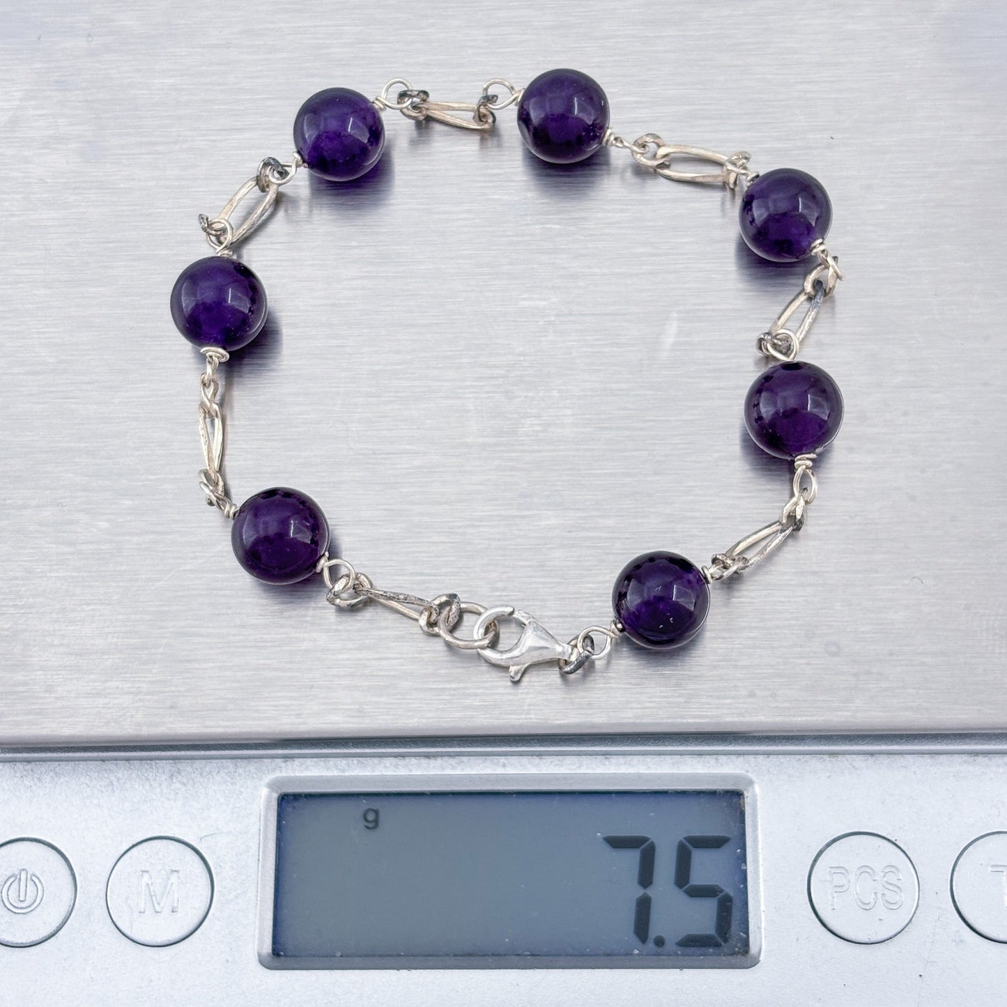 Vintage Sterling Silver 925 Amethyst Bead Bracelet 7.25"