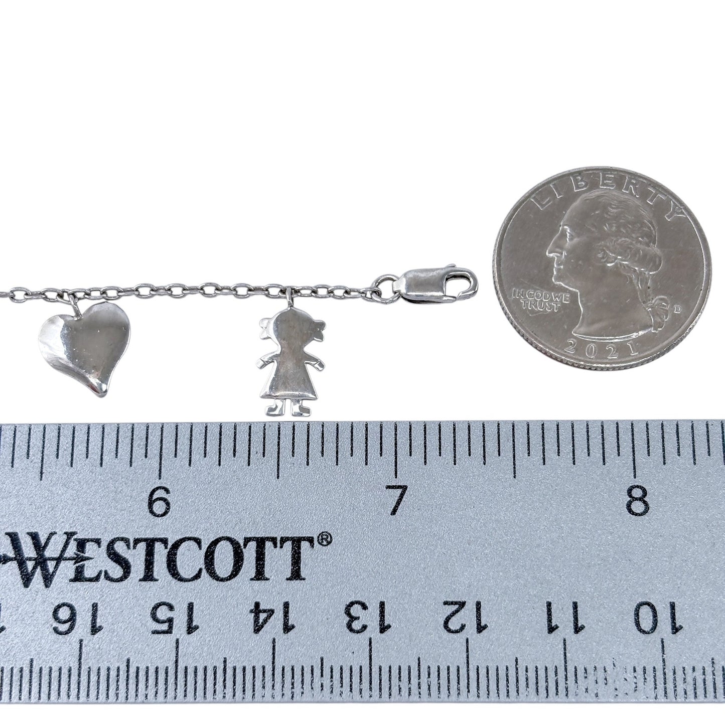 Vintage Sterling Silver 925 Family Heart Charm Bracelet 7.25"