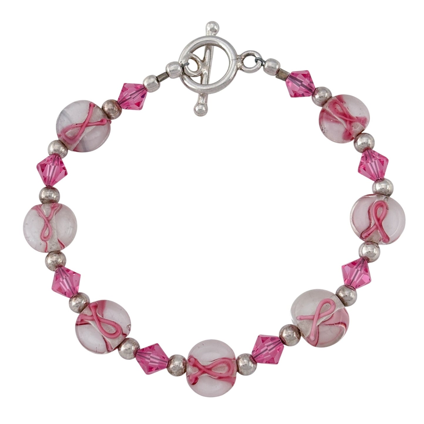 Vintage Sterling Silver 925 Lampwork Glass Pink Ribbon Awareness Bracelet 7.5"