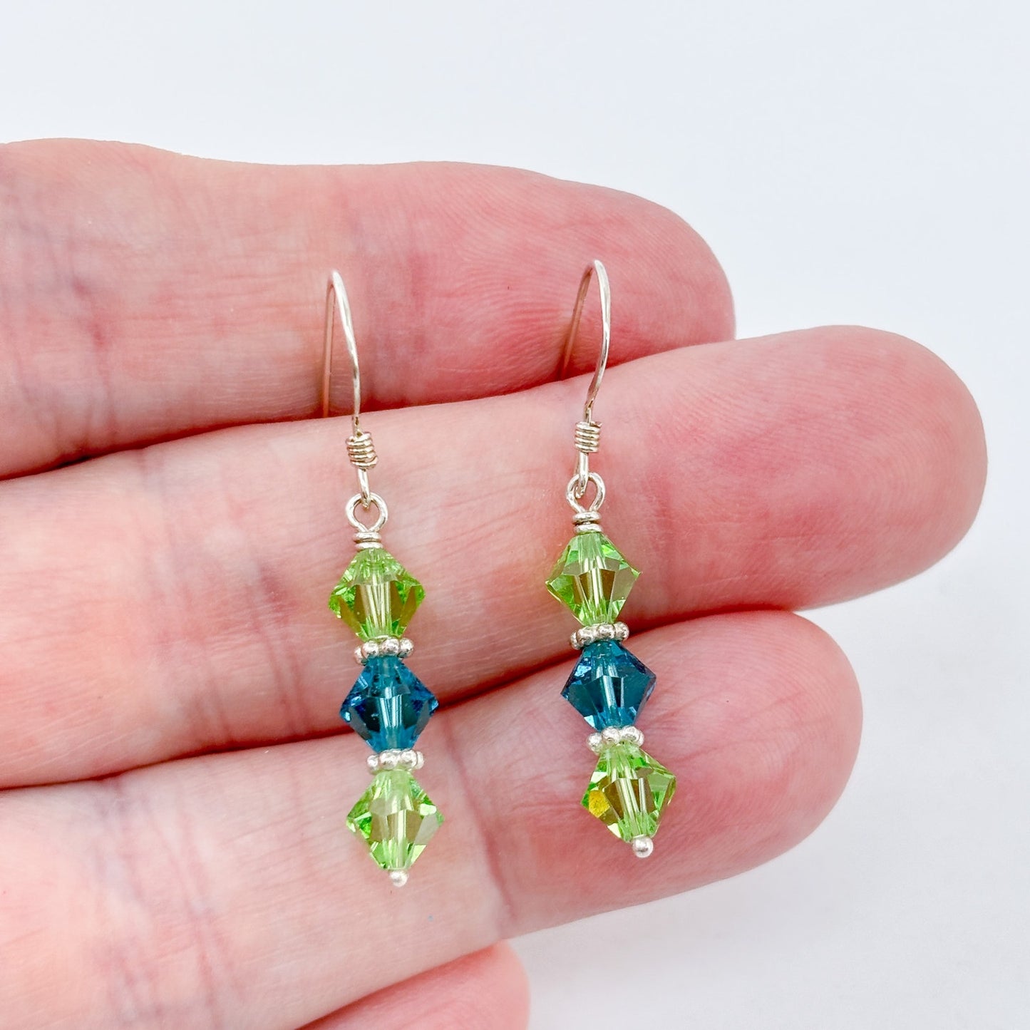 Estate Sterling Silver 925 Green Blue Crystal Dangle Earrings