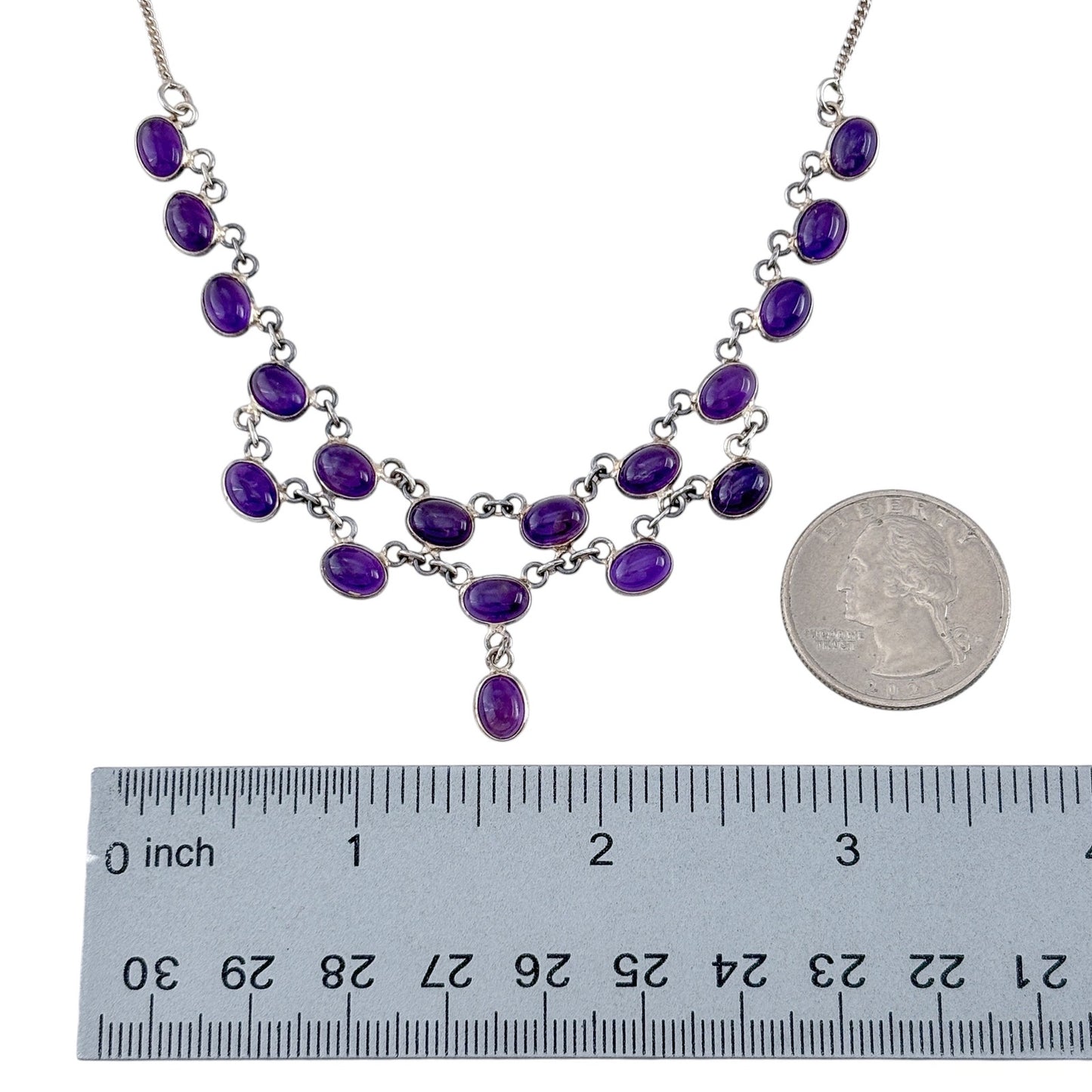 Vintage Sterling Silver 925 Amethyst Layered Bib Necklace Pendant 17"