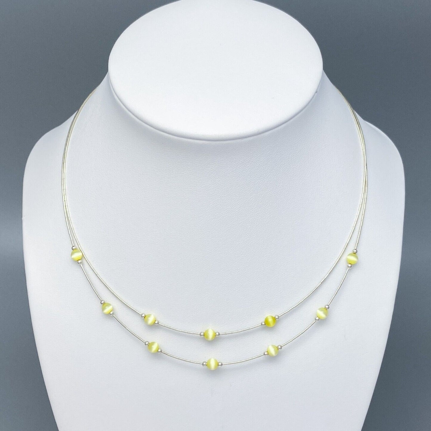 Vintage Sterling Silver 925 Yellow Cat’s Eye Necklace 15.5-17.5"
