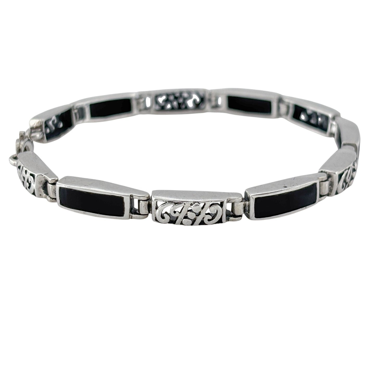 Vintage Sterling Silver 925 Black Onyx Inlay Link Bracelet 7"