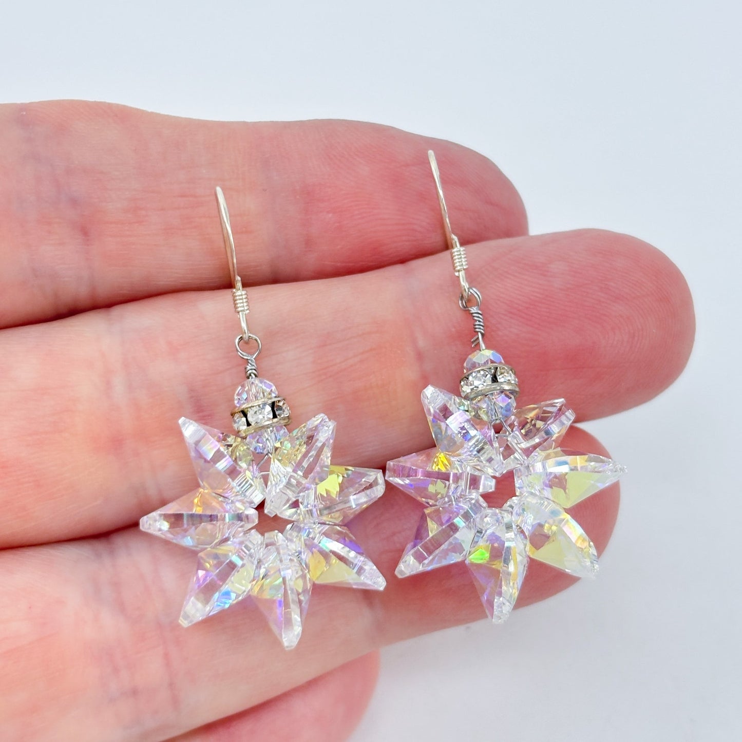Vintage Sterling Silver 925 Aurora Borealis AB Crystal Star Dangle Earrings