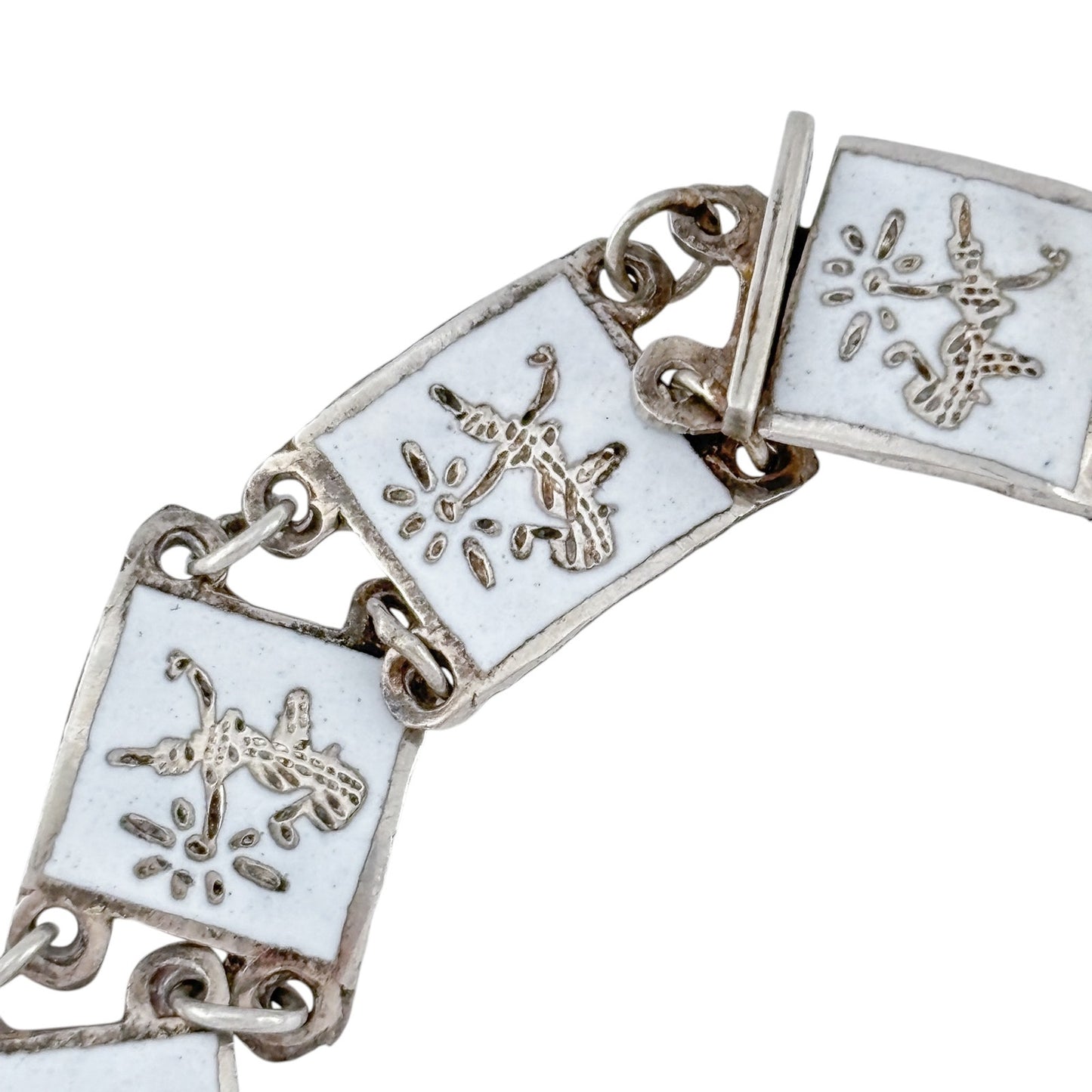 Vintage Sterling Silver 925 White Niello Siam Dancer Link Bracelet 7.25"