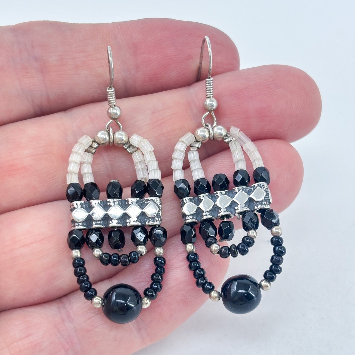 Vintage Sterling Silver 925 Black Crystal Beaded Earrings