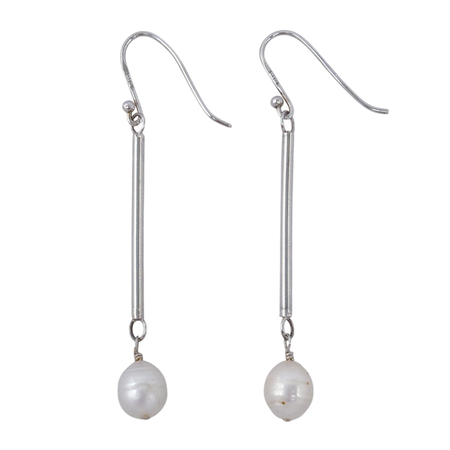 Estate Sterling Silver 925 Pearl Bar Drop Earrings