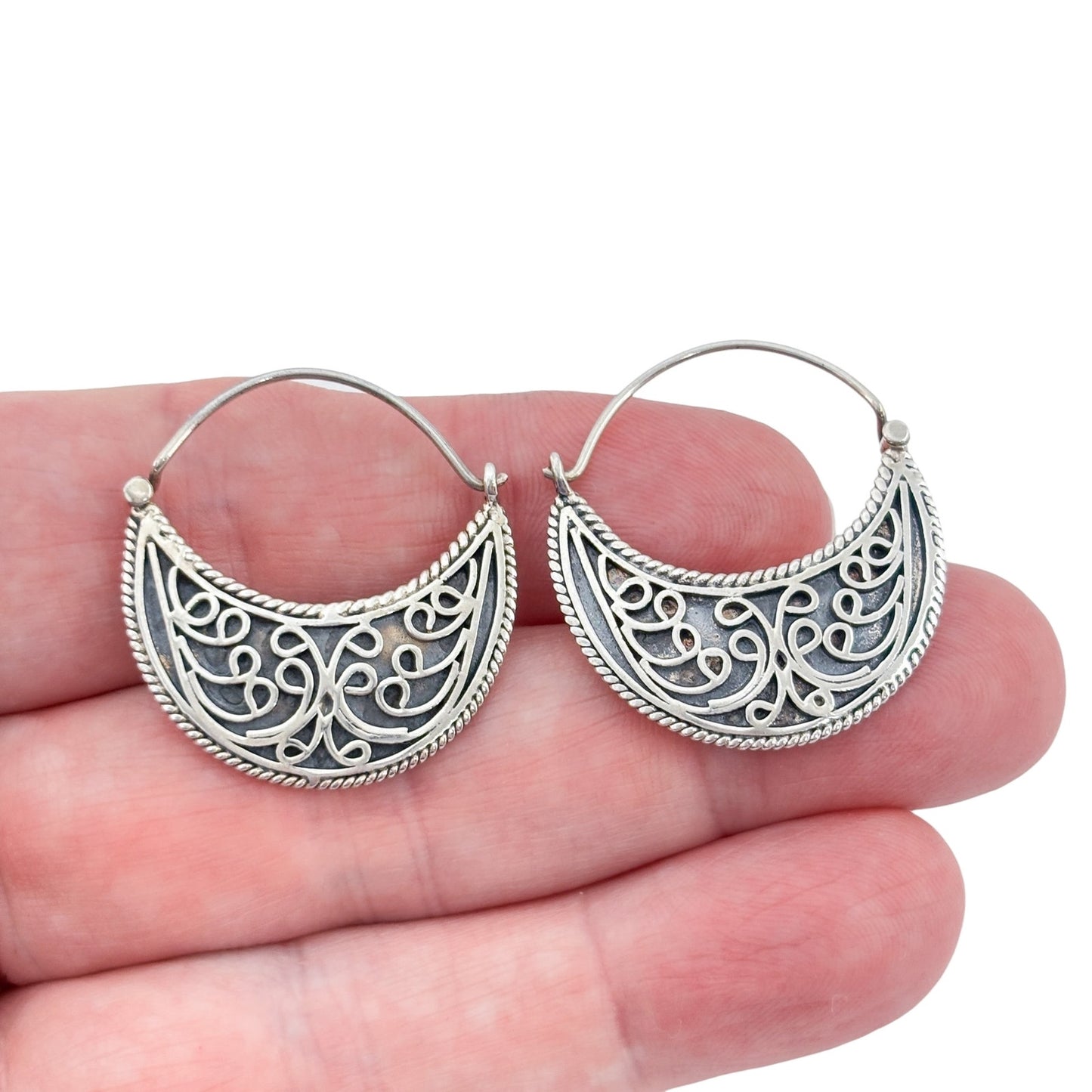 Vintage Sterling Silver 925 Filigree Crescent Hoop Earrings