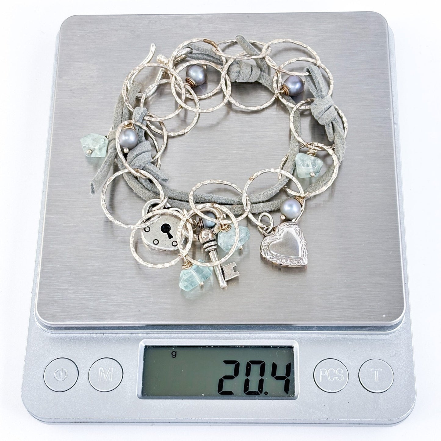 Silver-Plated Aquamarine Faux Pearl Suede Lock Key Heart Charm Necklace 21"