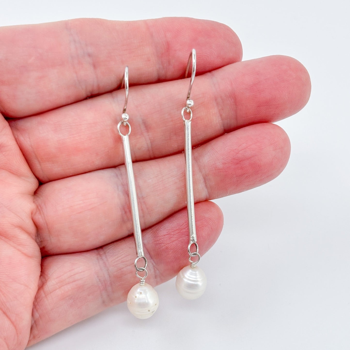 Estate Sterling Silver 925 Pearl Bar Drop Earrings