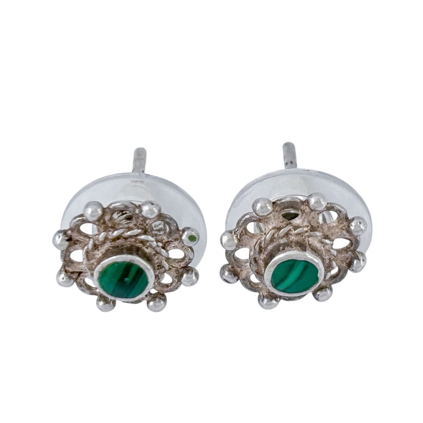 Vintage Sterling Silver 925 Malachite Filigree Stud Earrings