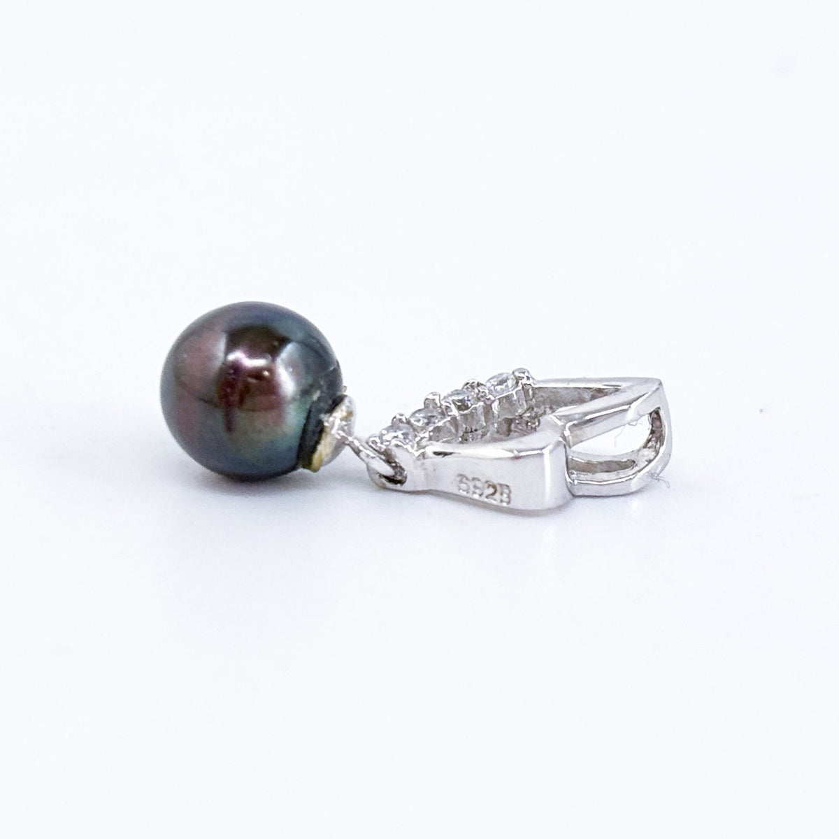 Vintage Sterling Silver 925 Black Pearl Cubic Zirconia Pendant