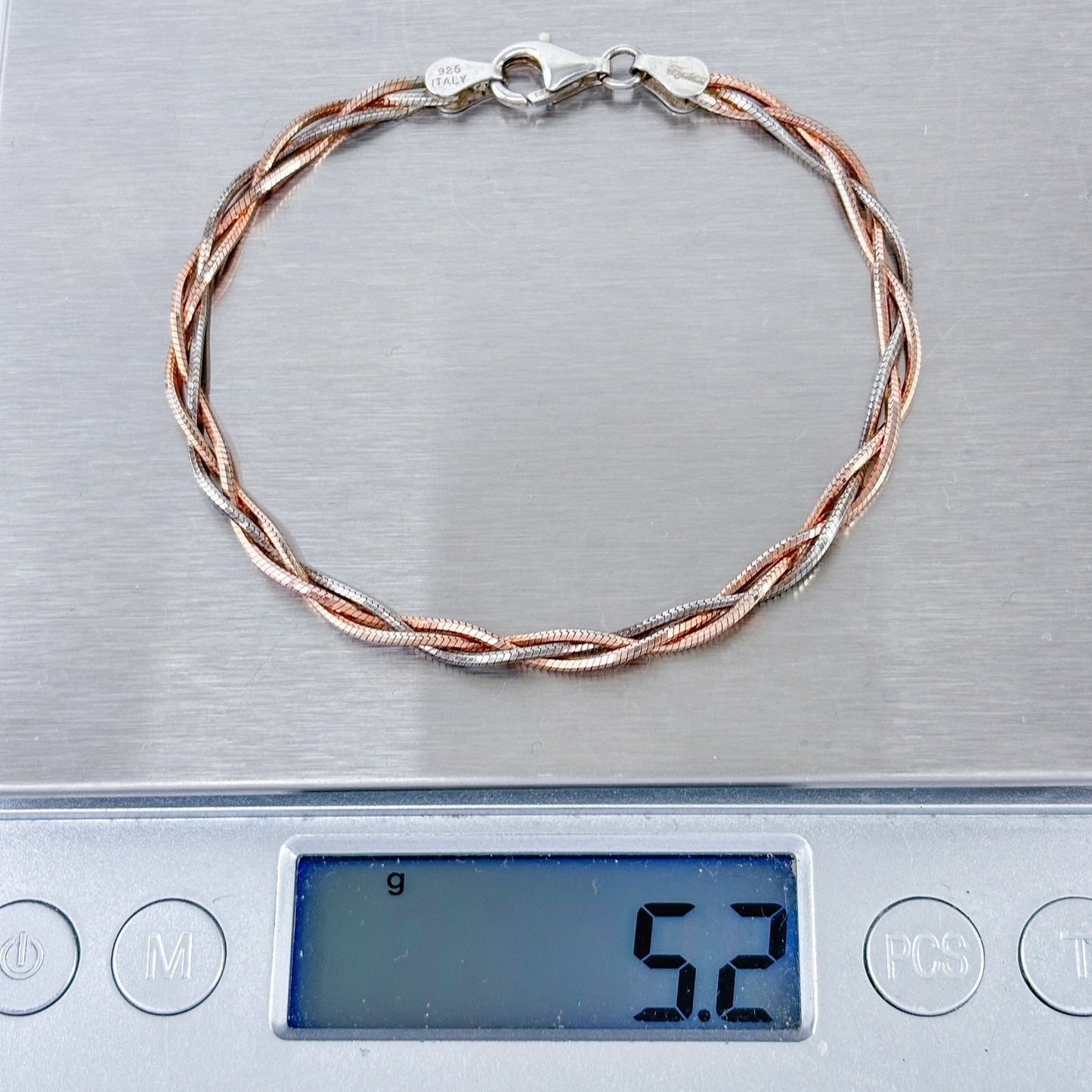 Estate Sterling Silver 925 Tri-Color Braided Bracelet 7"