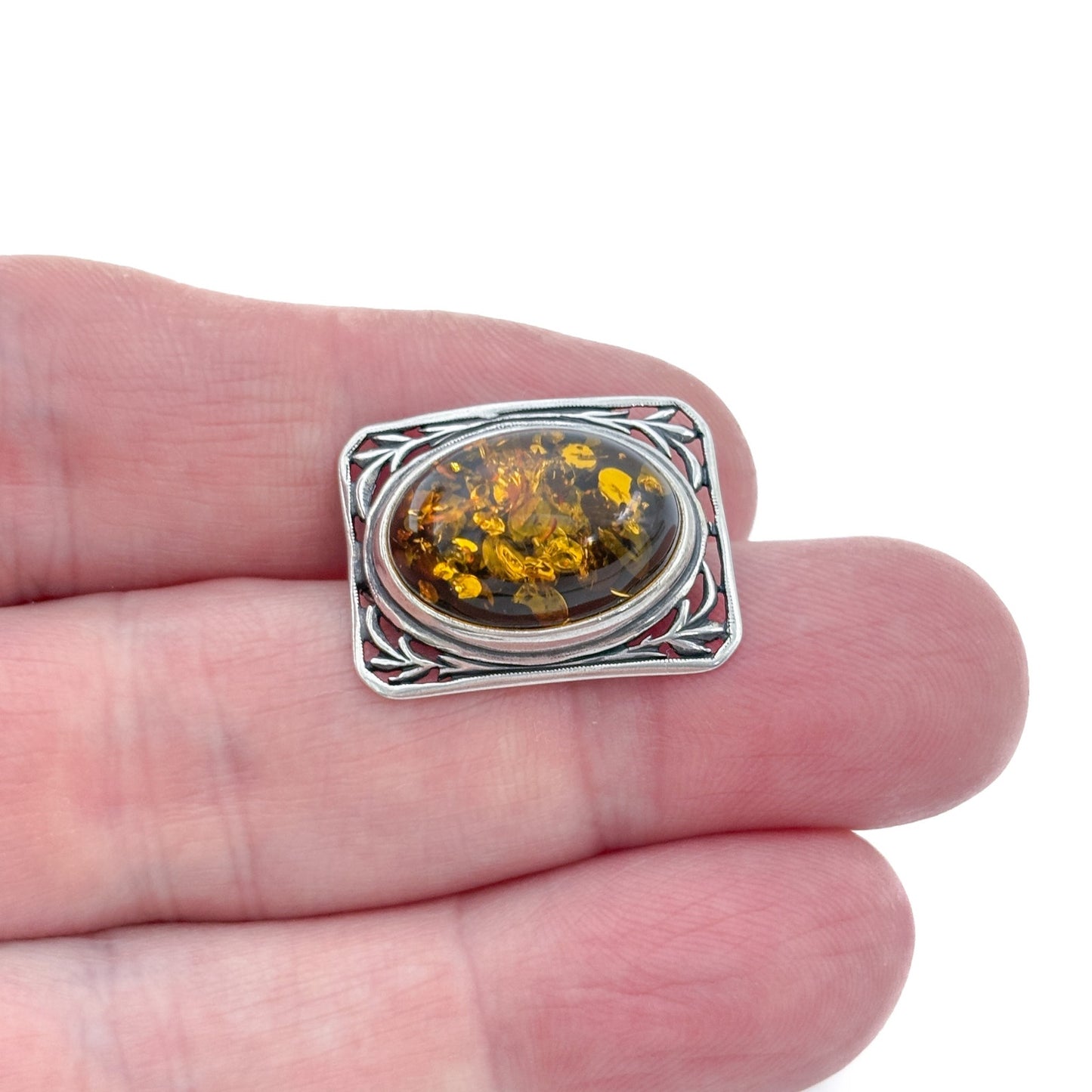 Vintage Sterling Silver 925 Amber Brooch