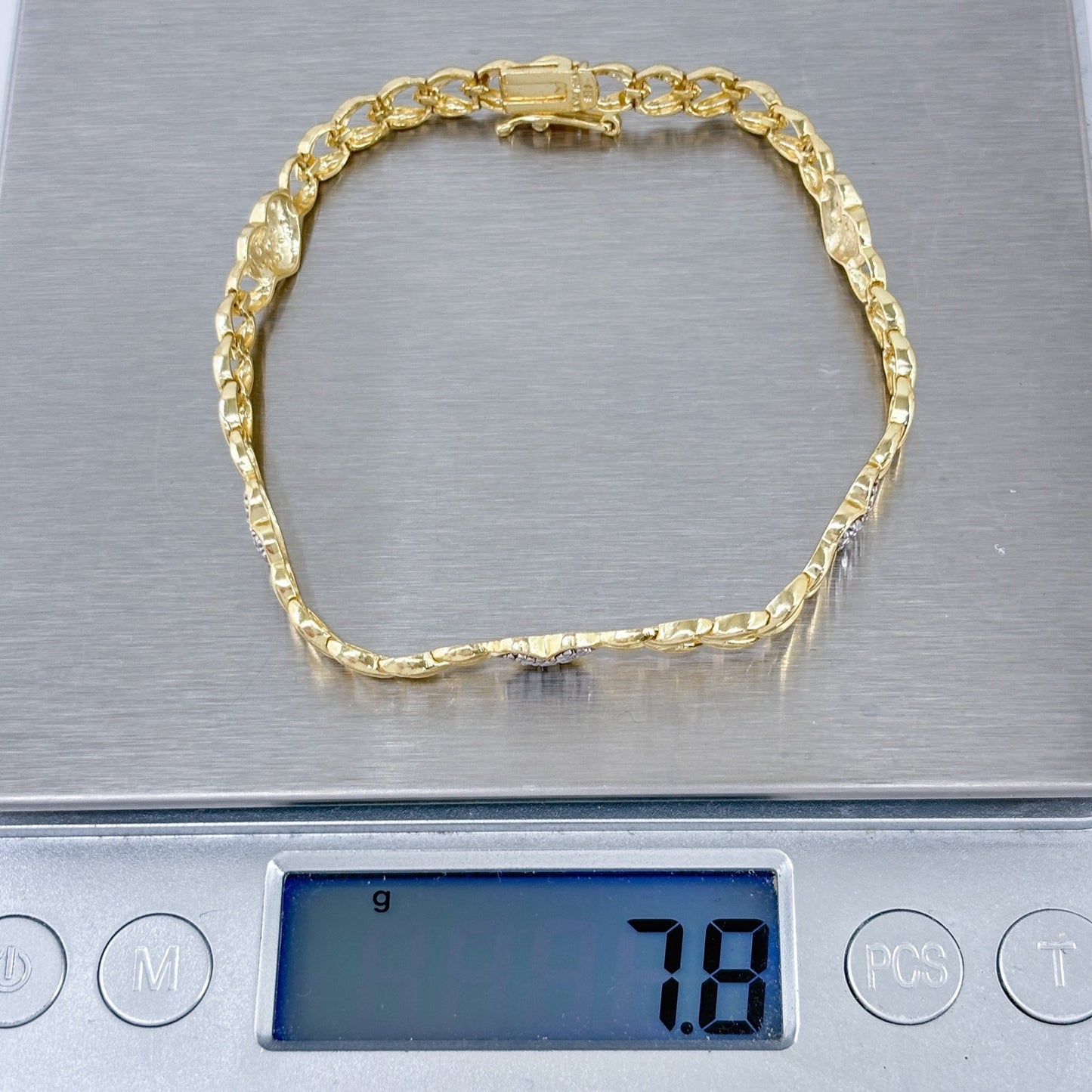 Vintage Gold-Tone Sterling Silver 925 Diamond Heart Link Bracelet 7.5"
