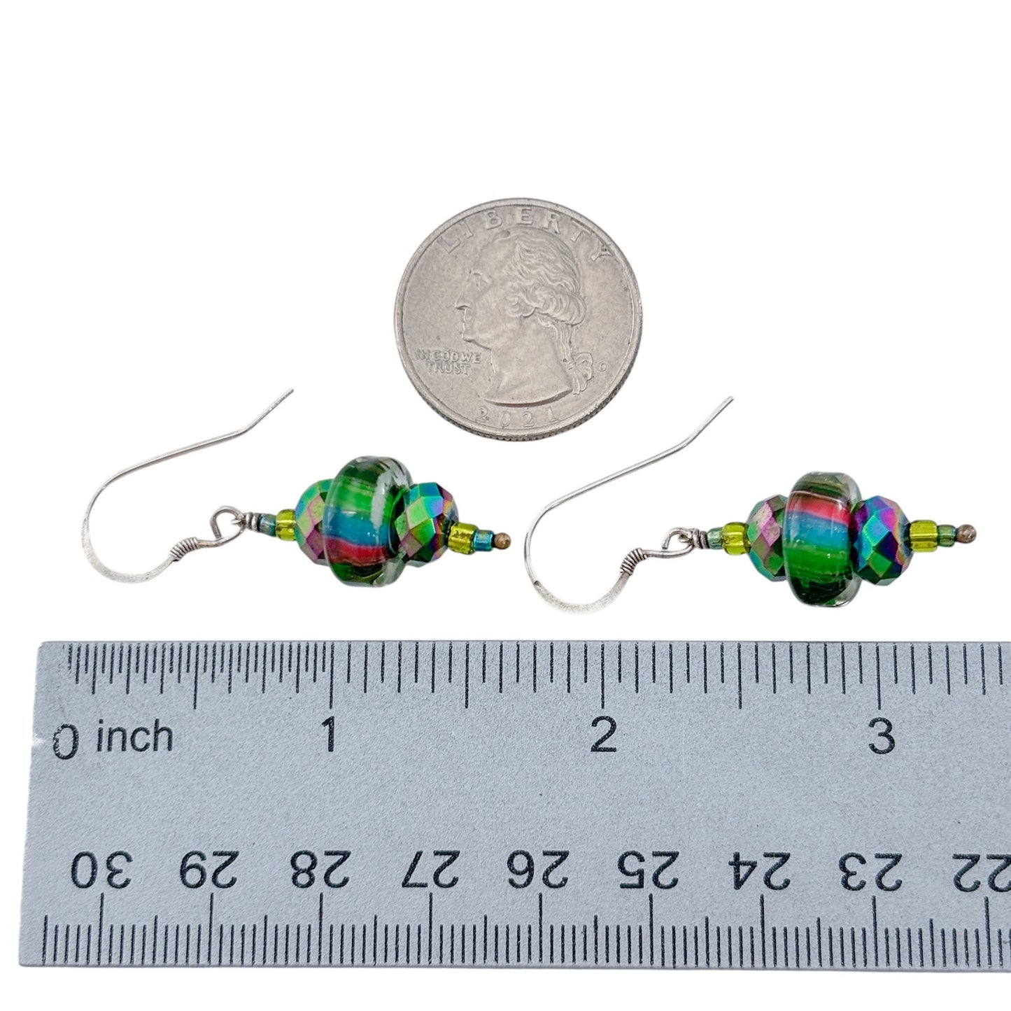 Vintage Sterling Silver 925 Green Rainbow Glass Bead Dangle Earrings
