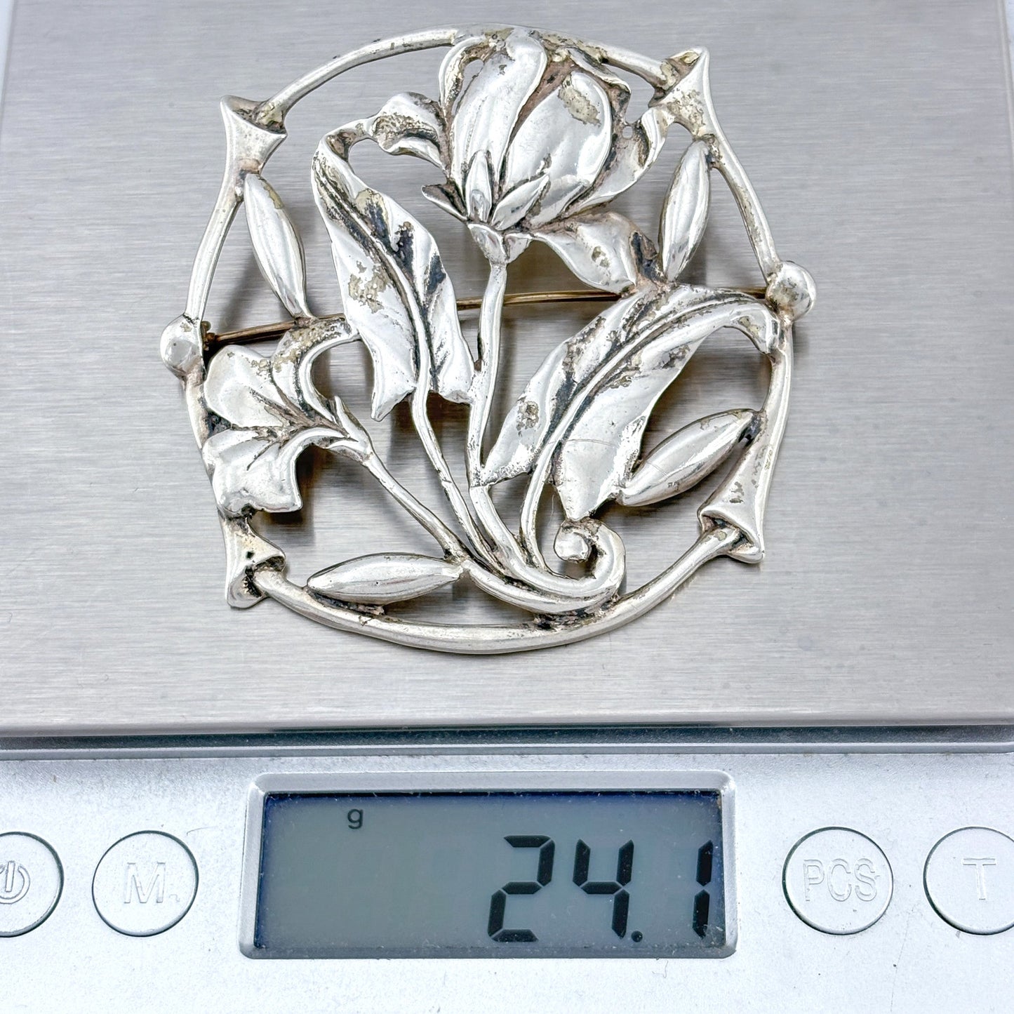 Vintage Sterling Silver 925 Art Nouveau Style Flower Brooch