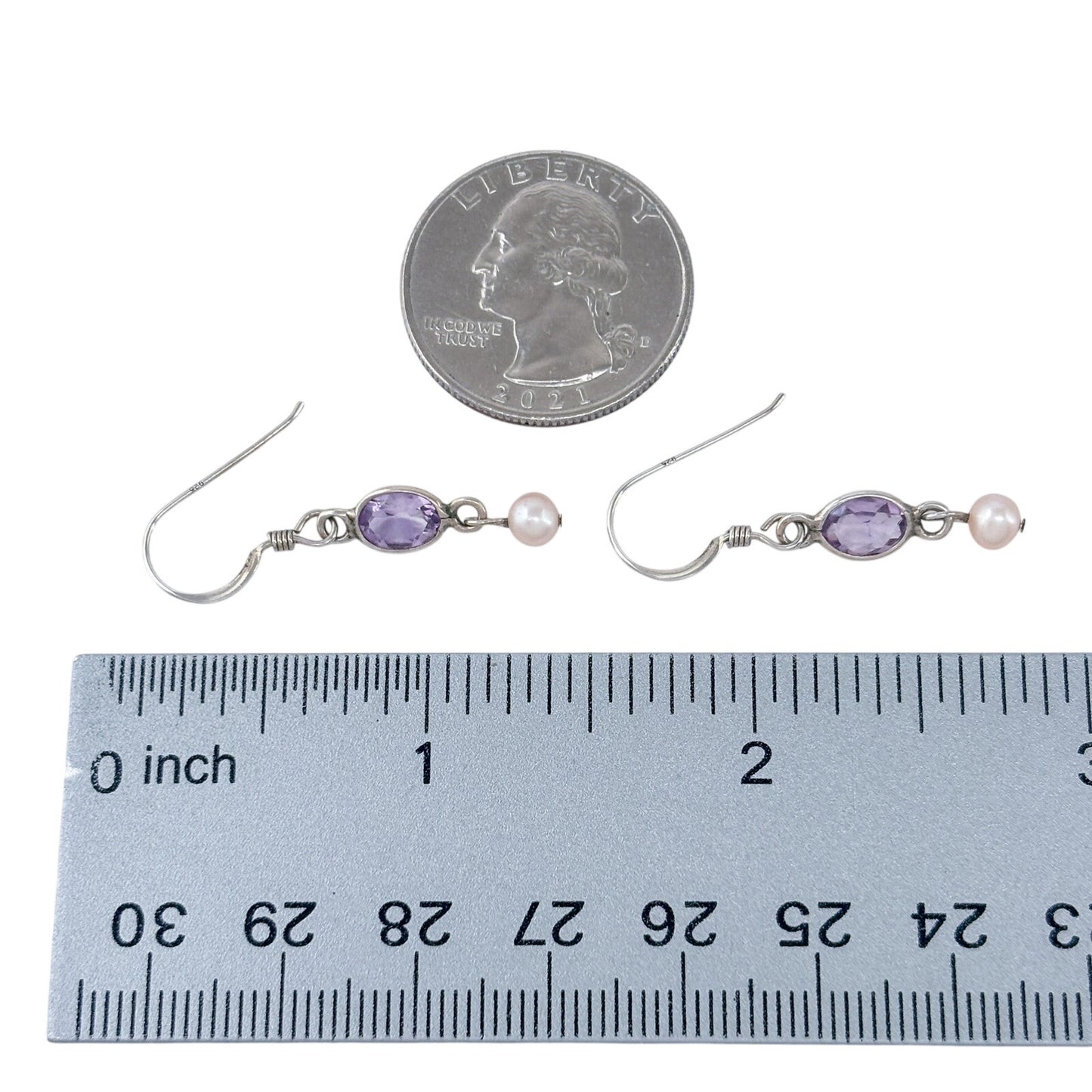 Vintage Sterling Silver 925 Amethyst Pearl Drop Earrings
