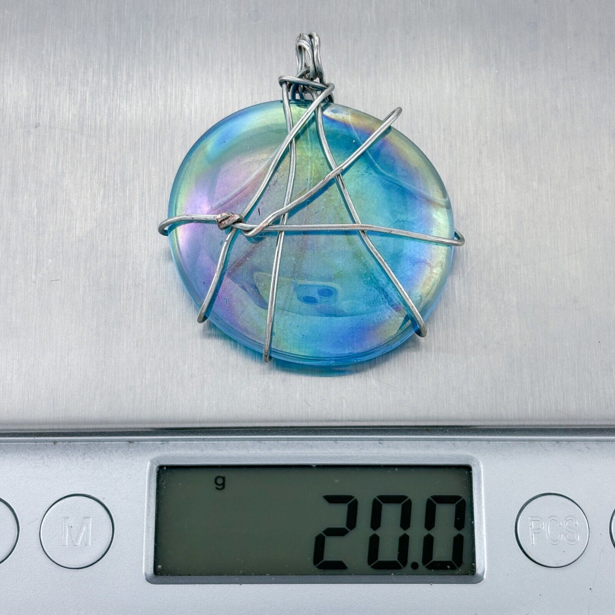 Vintage Silver-Tone Wire Wrapped Iridescent Blue Cabochon Pendant