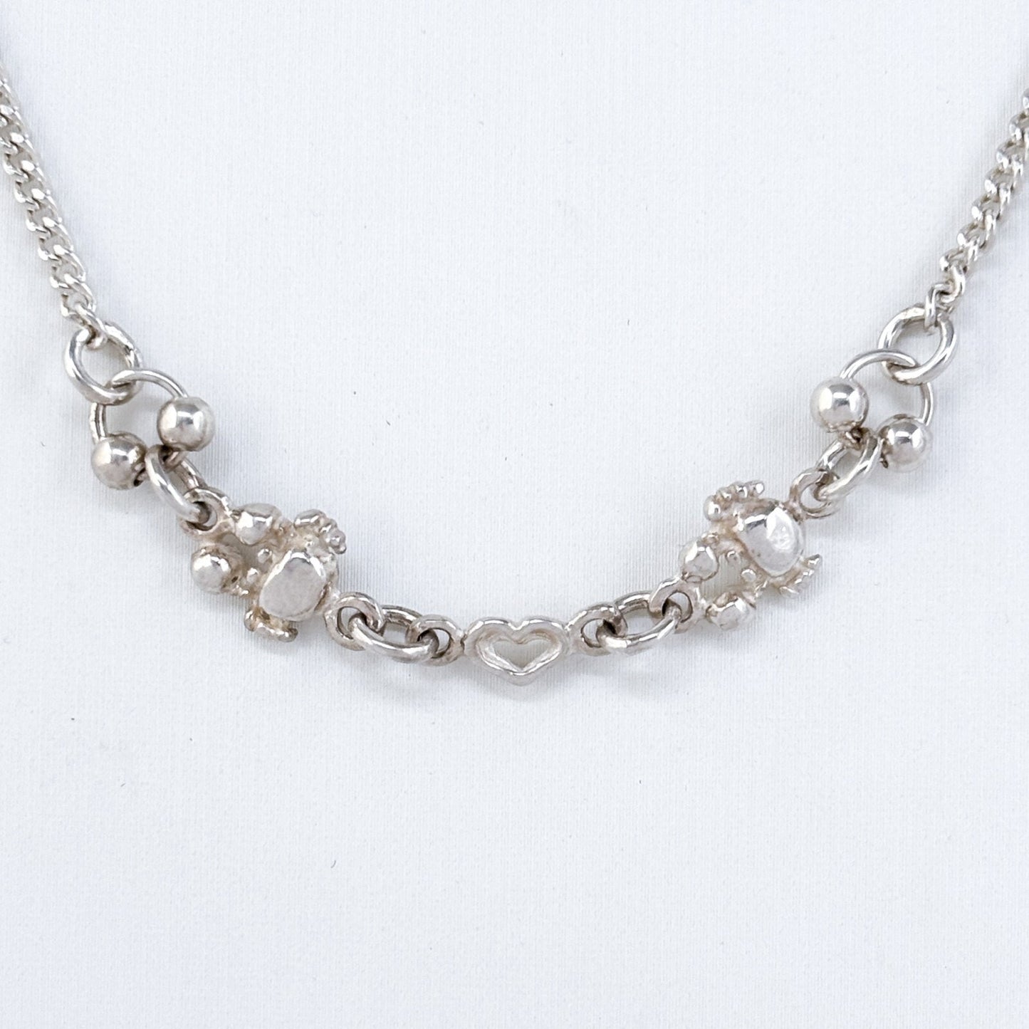 Vintage Sterling Silver 925 Beaded Crabs And Heart Accent Chain Necklace 16"