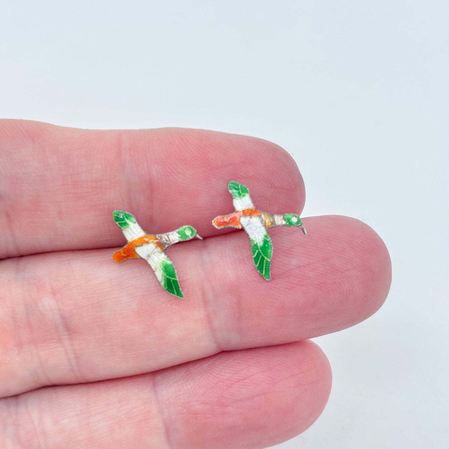 Vintage Sterling Silver 925 Flying Duck Enamel Stud Earrings