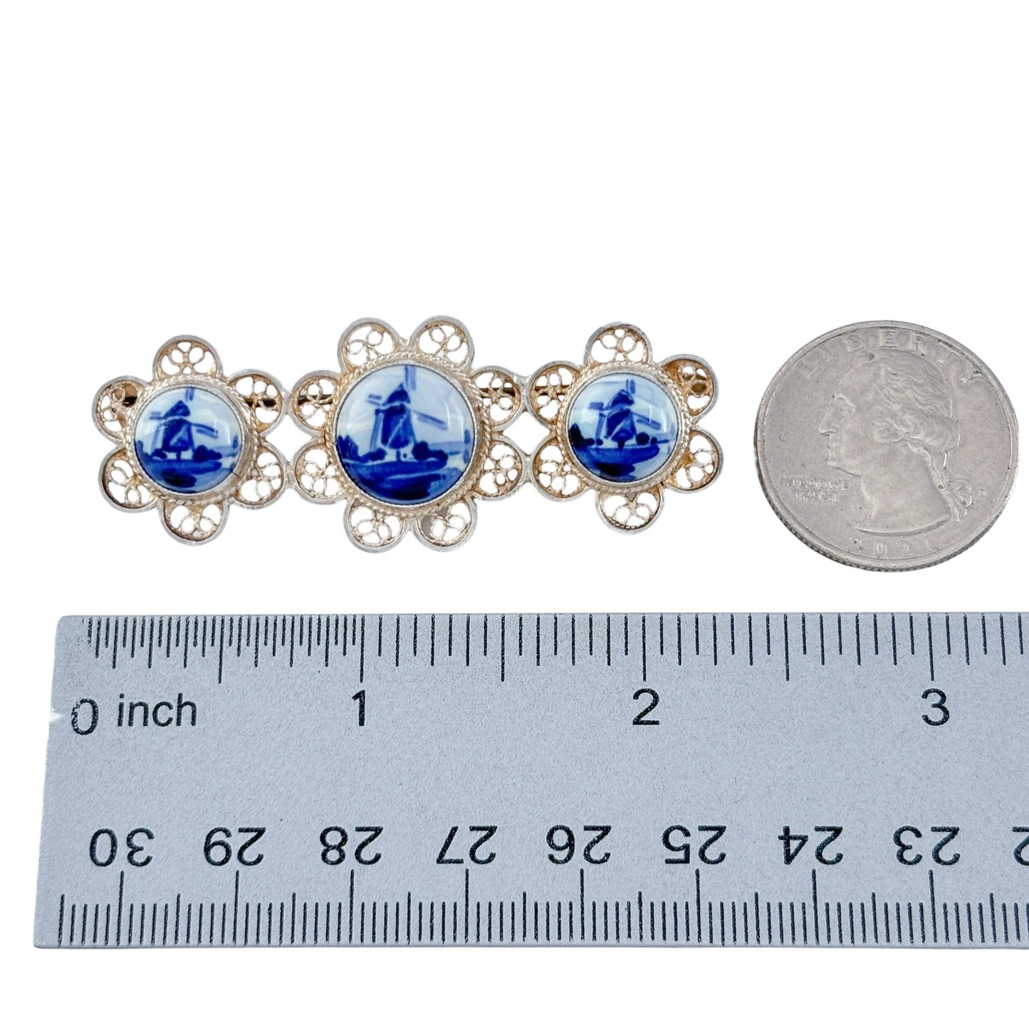 Vintage Sterling Silver 925 Delft 3 Panel Brooch