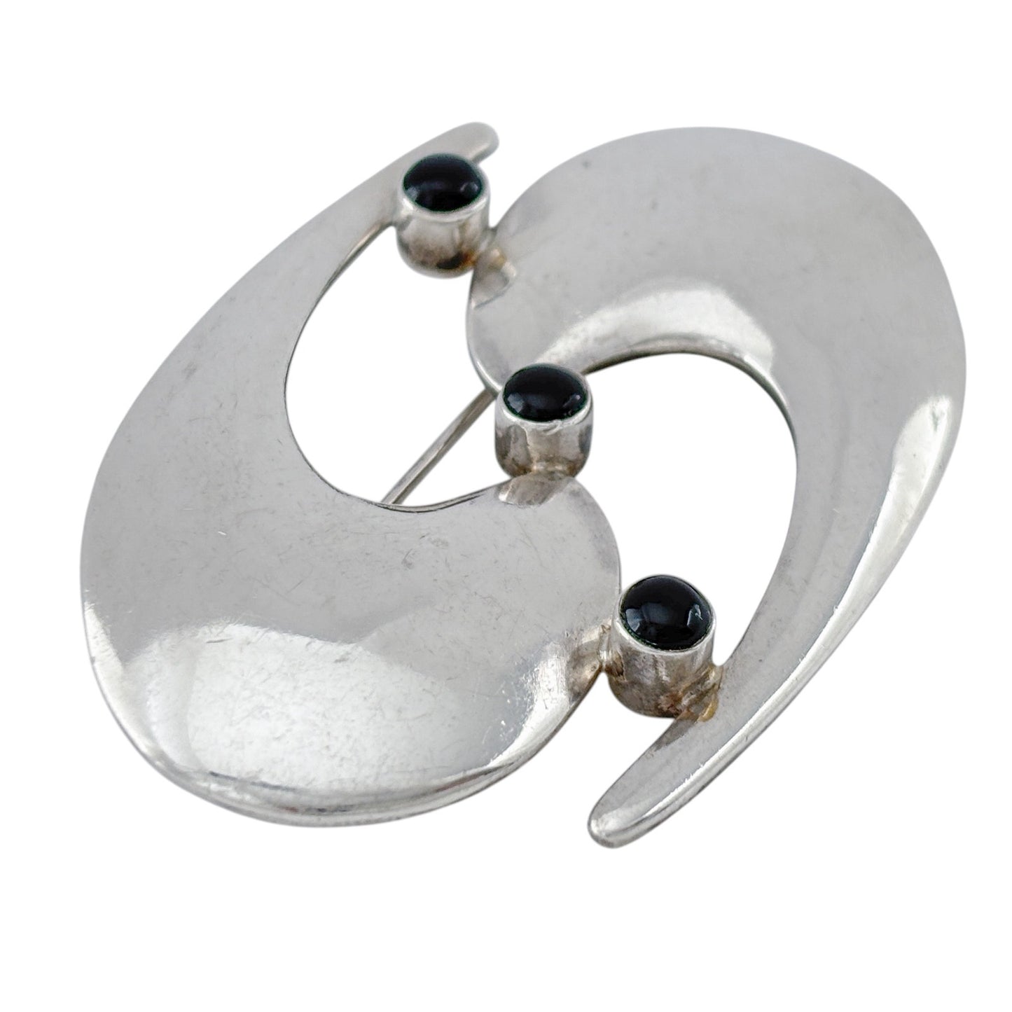 Vintage Sterling Silver 925 Abstract Swirl Onyx Brooch