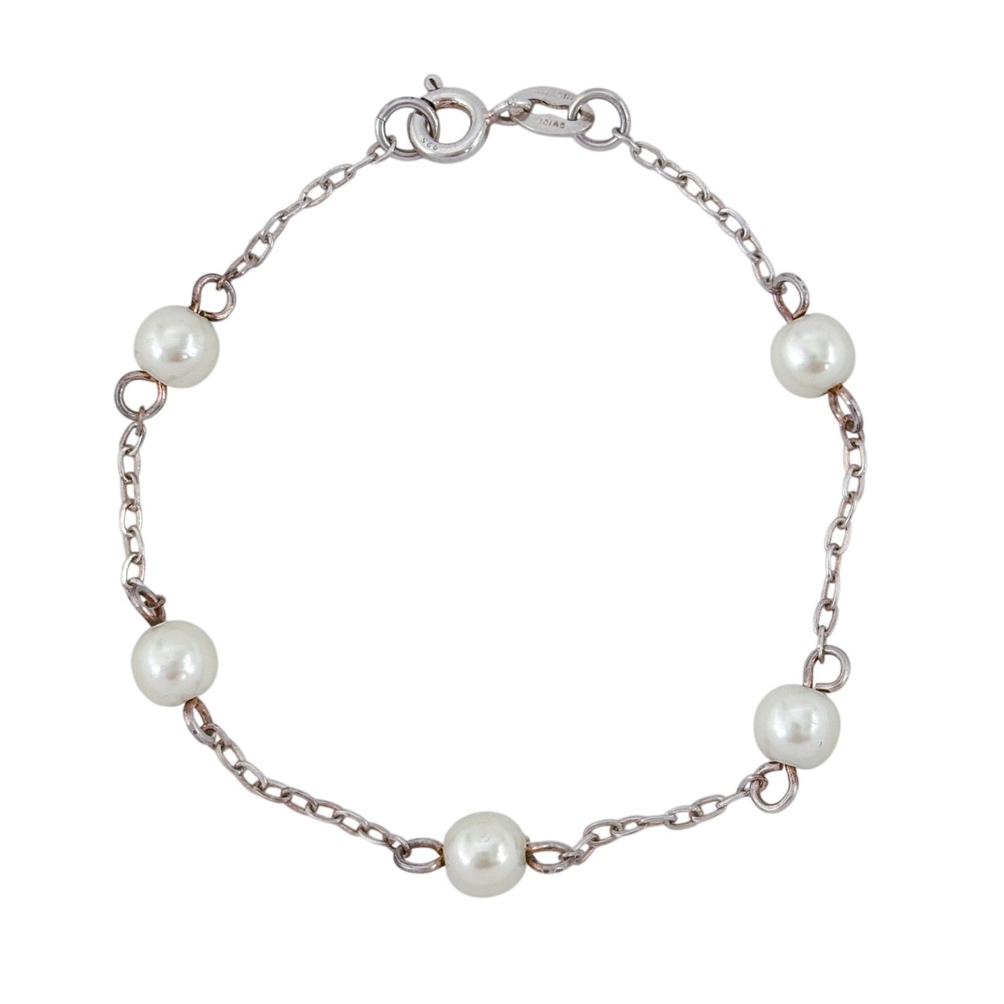 Vintage Sterling Silver 925 Pearl Station Chain Bracelet 7"