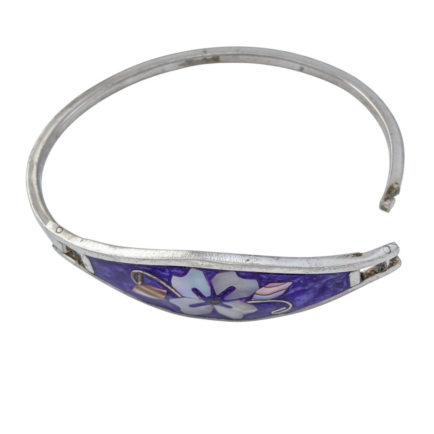 Vintage Alpaca Mexico Purple Abalone Flower Bangle Bracelet 6"