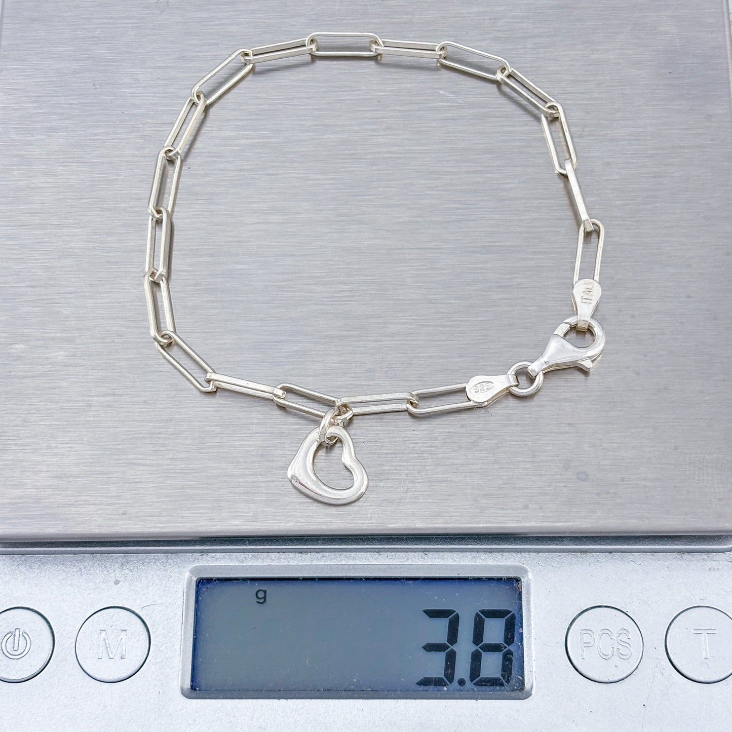 Vintage Sterling Silver 925 Paperclip Chain Heart Bracelet 7"