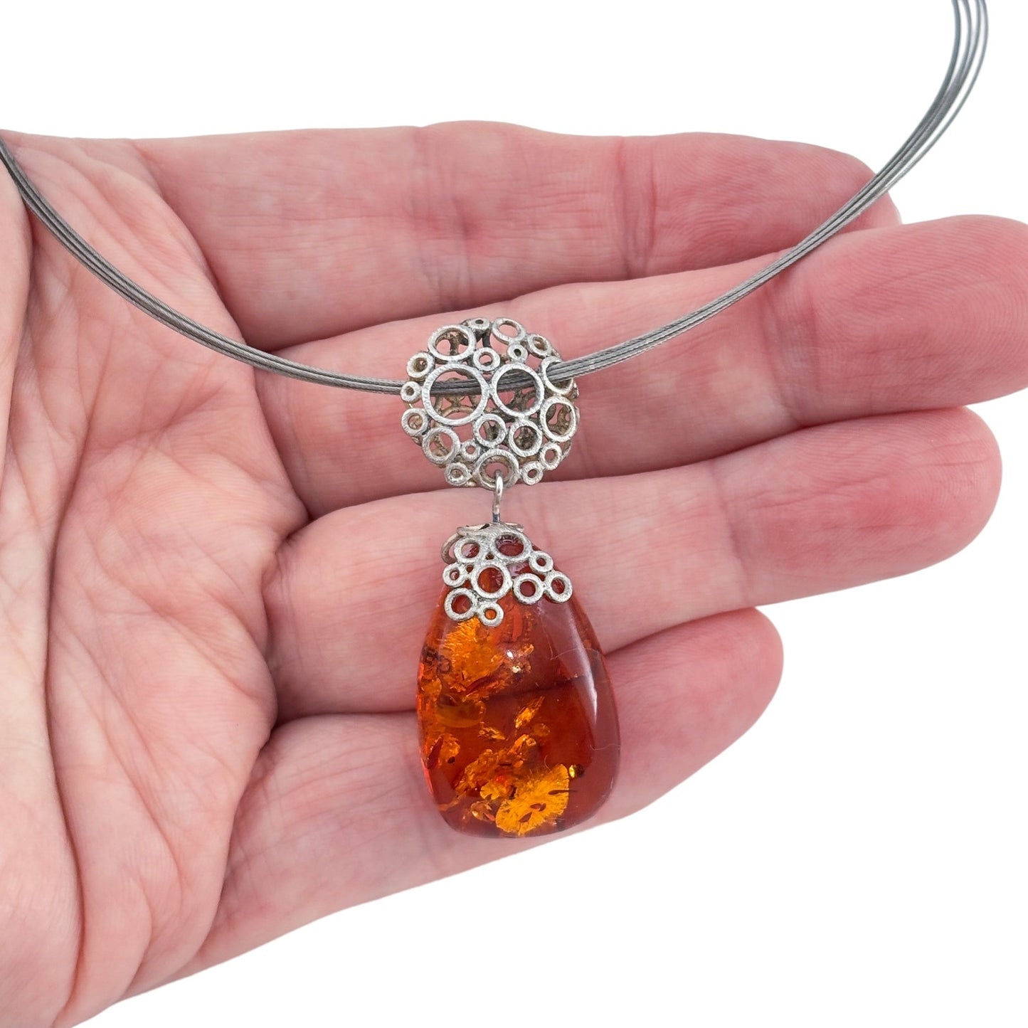 Vintage Sterling Silver 925 Amber Teardrop Pendant Necklace 16.5-18.5"
